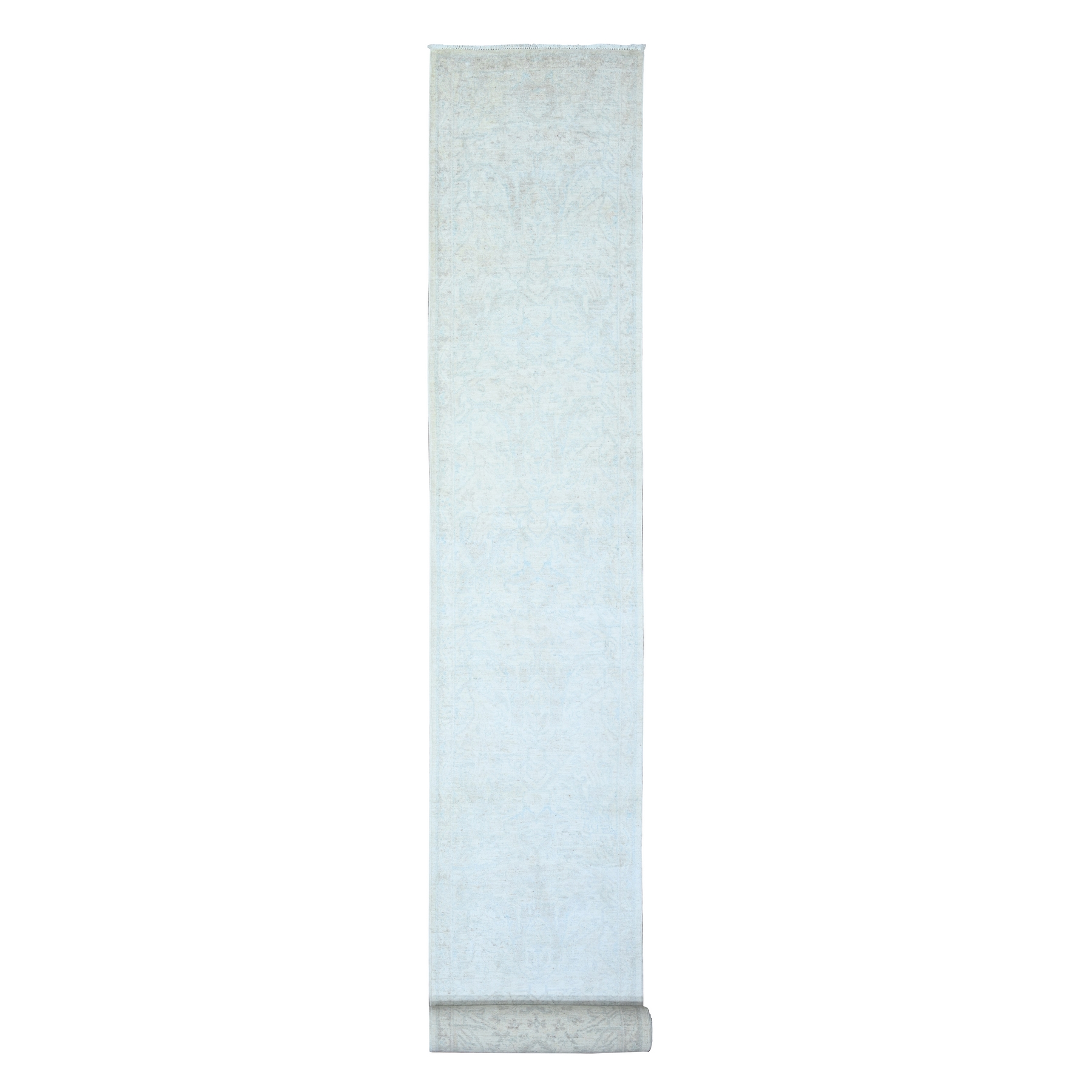 2'6"x19'2" Old Wood Ivory and Gray Goose, White Wash Peshawar with Faded Design, 100% Wool, Natural Dyes, Hand Knotted, XL Runner Oriental Rug HR74781