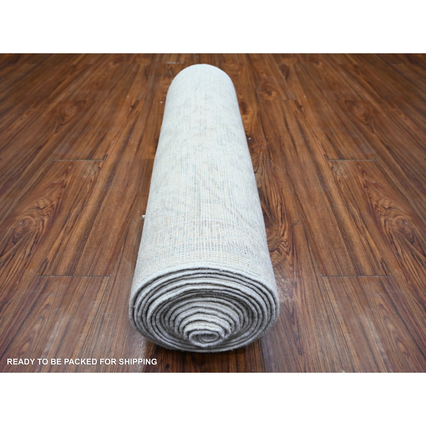 2'6"x19'2" Old Wood Ivory and Gray Goose, White Wash Peshawar with Faded Design, 100% Wool, Natural Dyes, Hand Knotted, XL Runner Oriental Rug HR74781 - Image 4