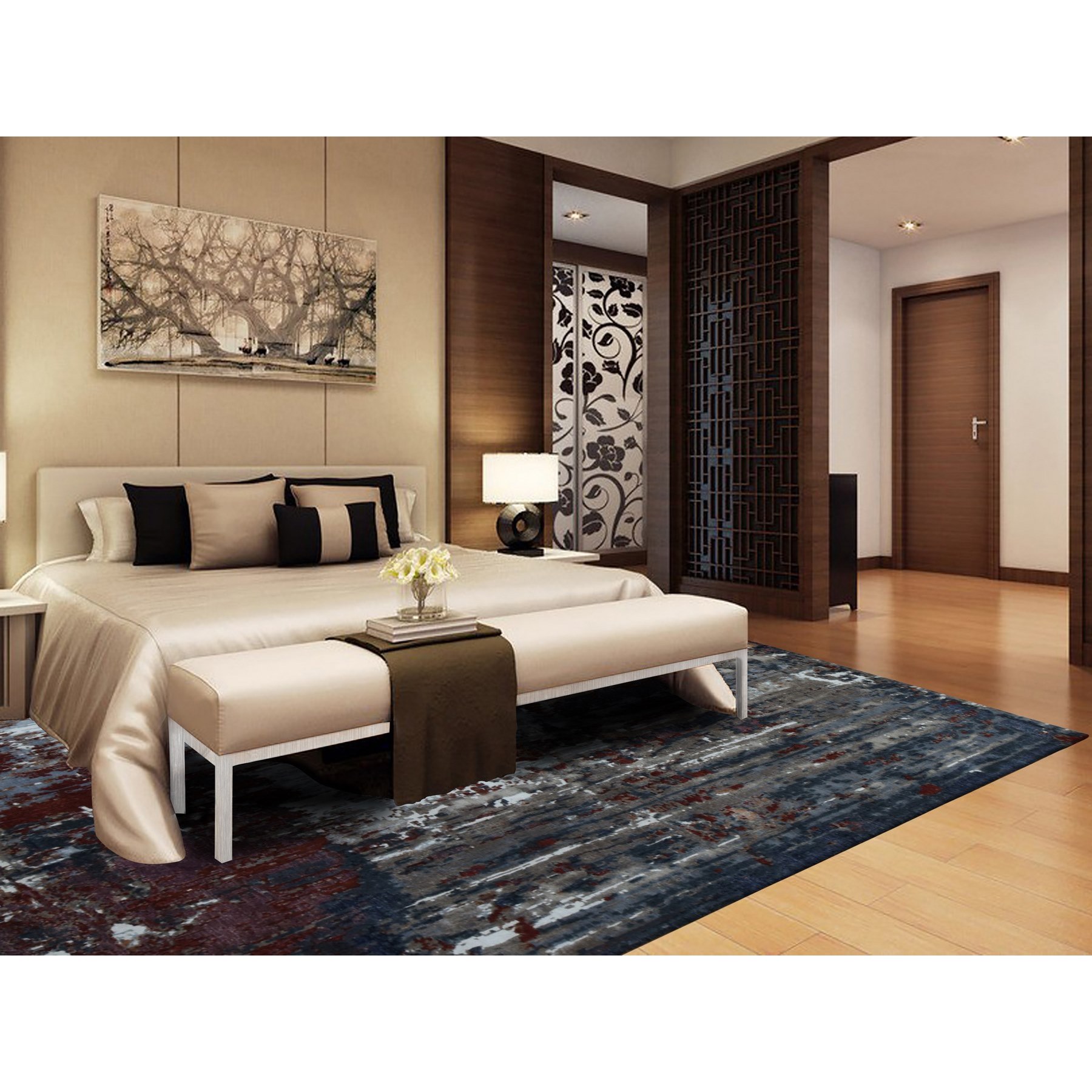 9'x12'2" Vermilion Red, Hi-Lo Pile, Wool and Silk, Abstract Paint Brush Design, Hand Knotted, Oriental Rug HR87149 - Image 2