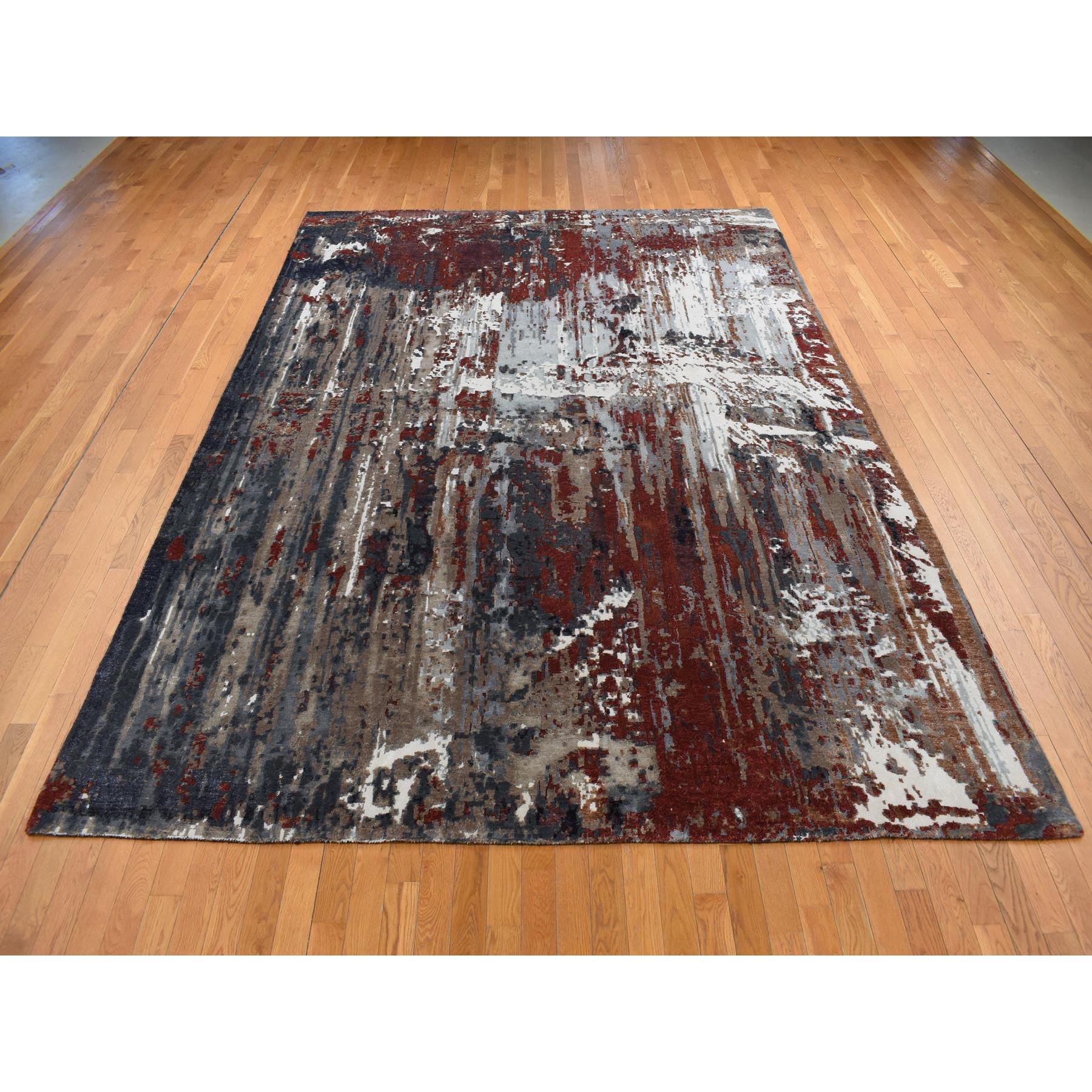 9'x12'2" Vermilion Red, Hi-Lo Pile, Wool and Silk, Abstract Paint Brush Design, Hand Knotted, Oriental Rug HR87149 - Image 3