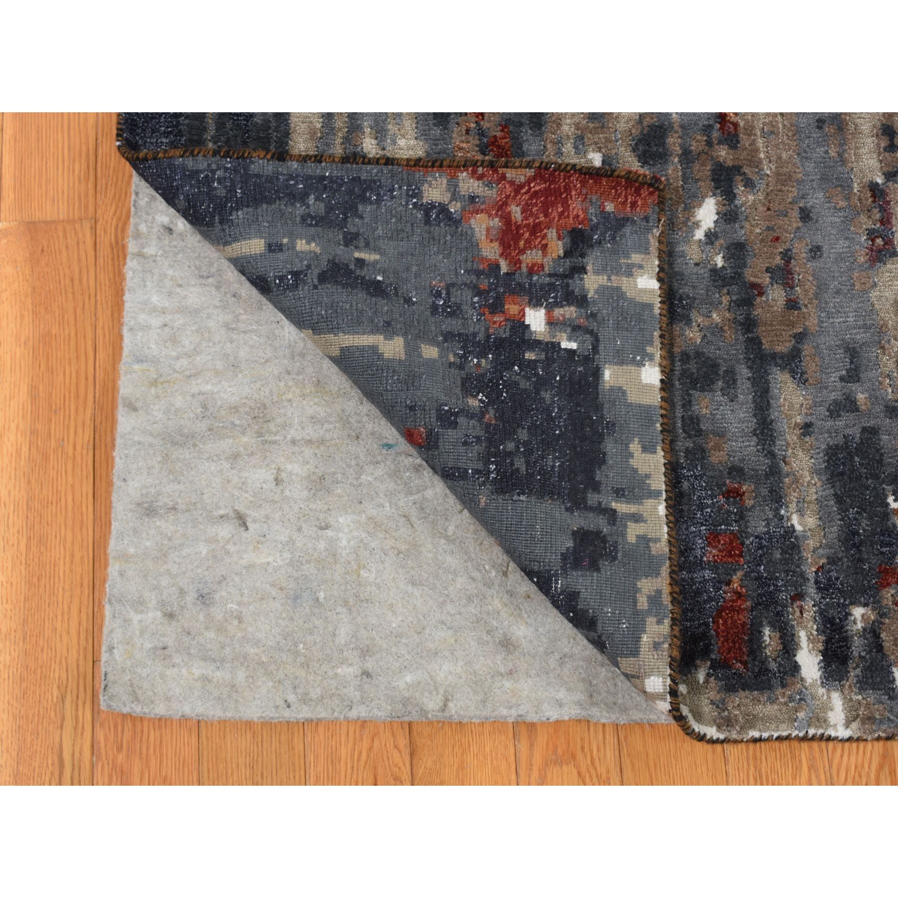 9'x12'2" Vermilion Red, Hi-Lo Pile, Wool and Silk, Abstract Paint Brush Design, Hand Knotted, Oriental Rug HR87149 - Image 5