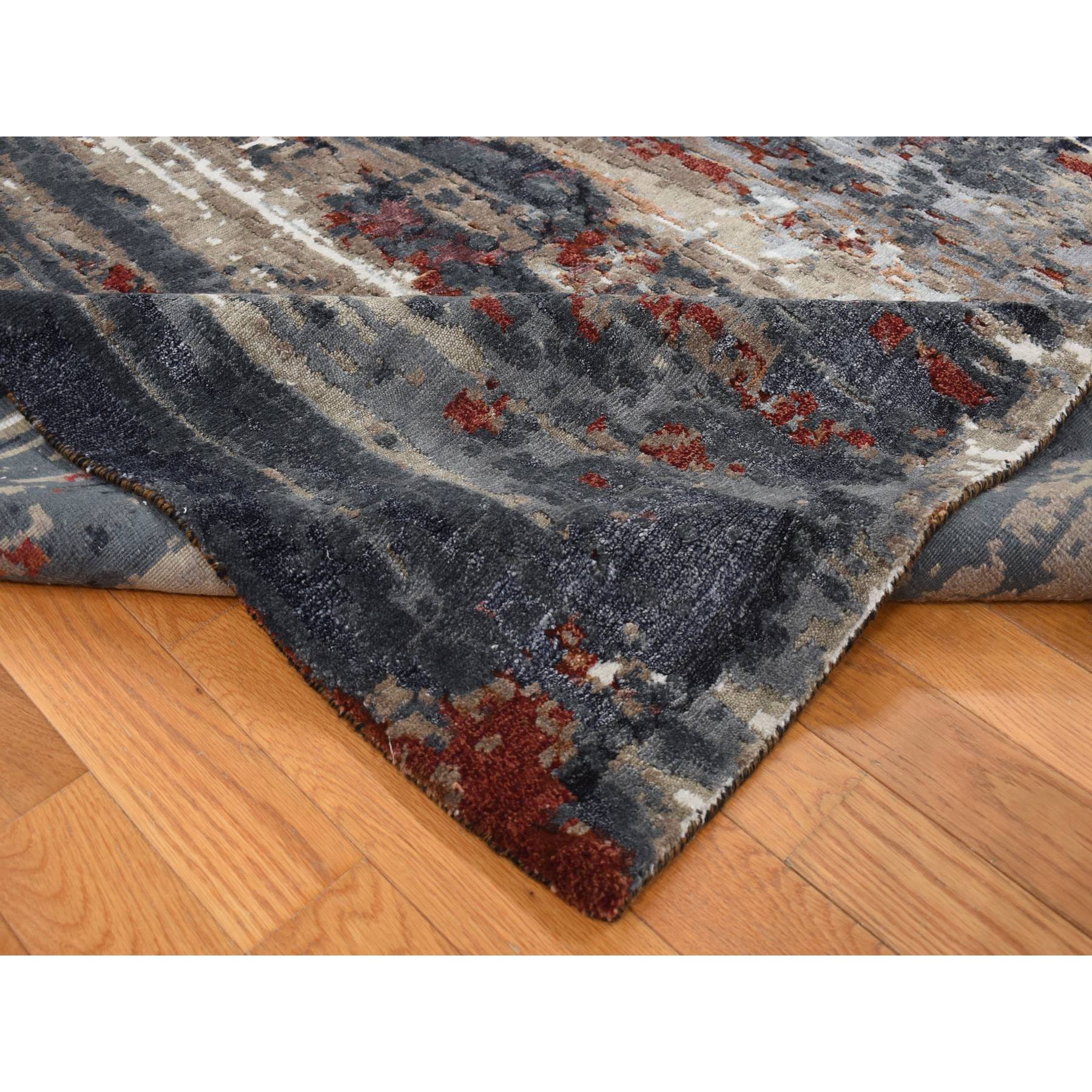 9'x12'2" Vermilion Red, Hi-Lo Pile, Wool and Silk, Abstract Paint Brush Design, Hand Knotted, Oriental Rug HR87149 - Image 6