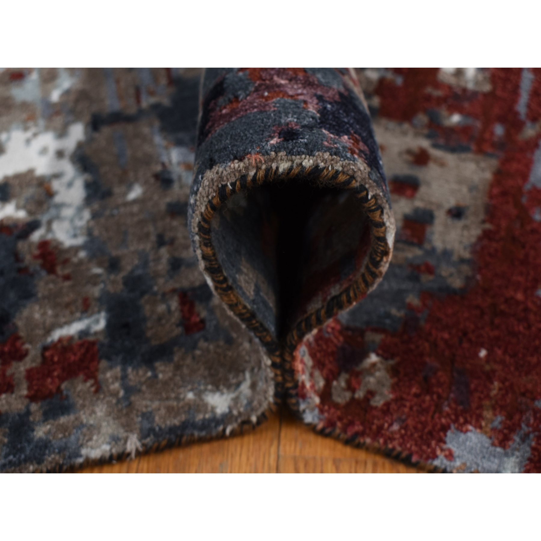 9'x12'2" Vermilion Red, Hi-Lo Pile, Wool and Silk, Abstract Paint Brush Design, Hand Knotted, Oriental Rug HR87149 - Image 7
