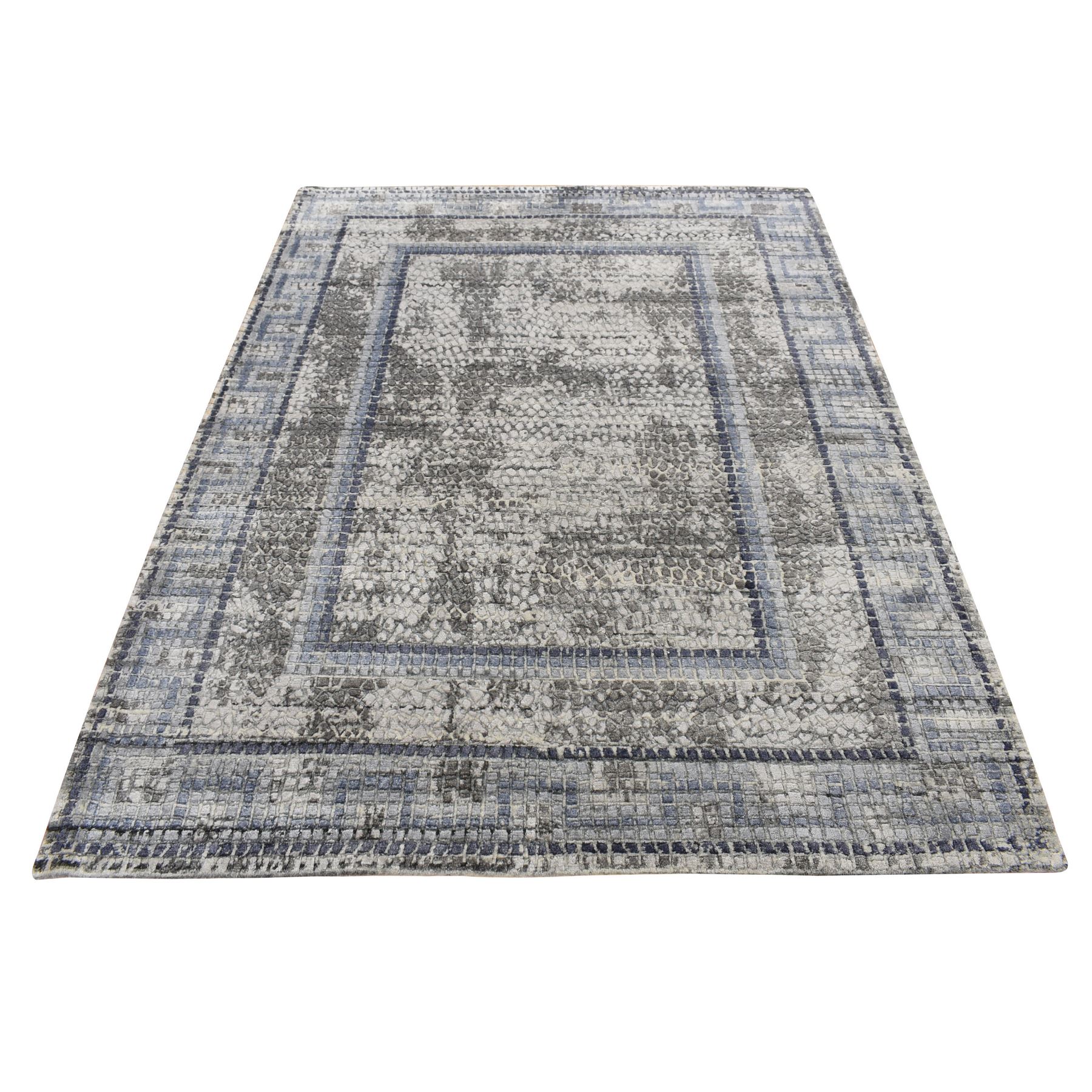 5'2"x6'10" Timberwolf Gray, Silken, Roman Mosaic Design, Hand Knotted, Oriental Rug HR87177