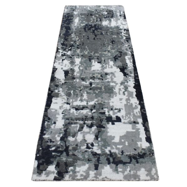 2'6"x7'7" Eerie Black, Hi-Low Pile, Abstract Design, Wool and Silk, Hand Knotted, Runner Oriental Rug HR87209