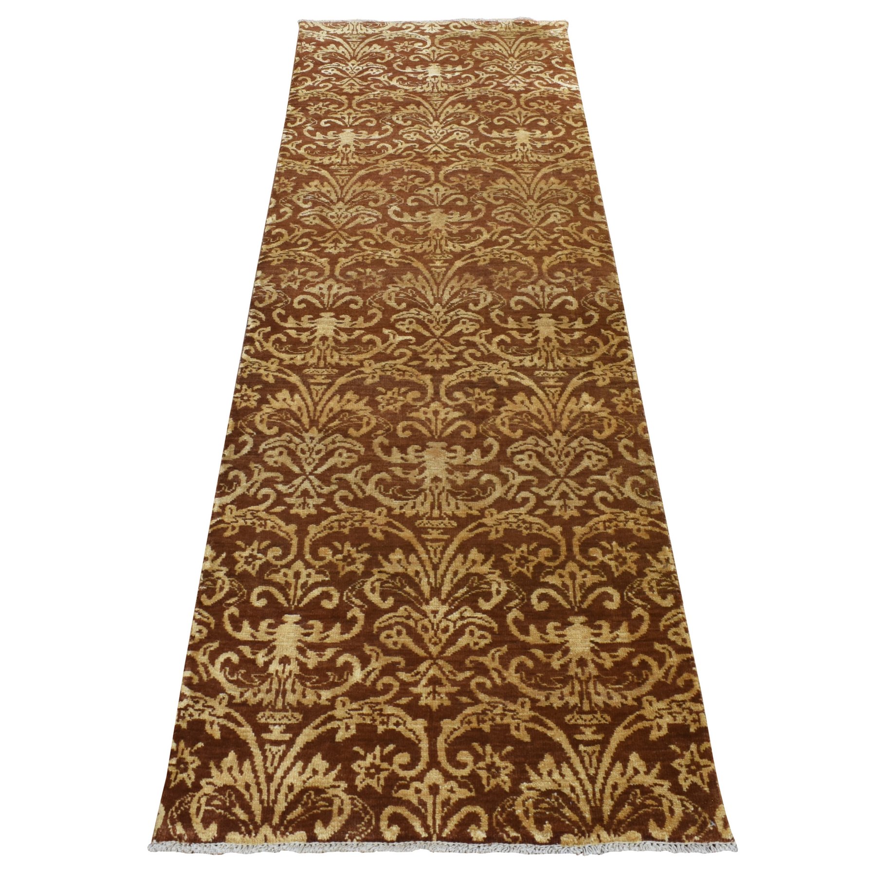 2'6"x7'9" Cafe Noir Brown, Abarasque Design Tone on Tone, Wool and Silk, Handmade, Runner Oriental Rug HR87210