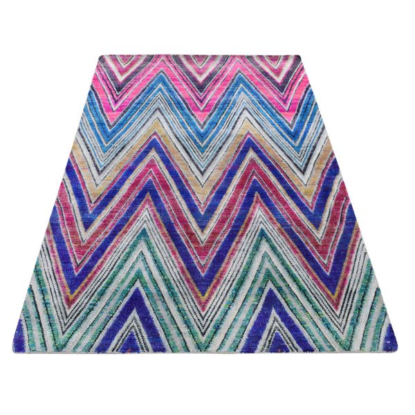 4'x6'2" Hot Pink, Hand Knotted, Chevron Design, Sari Silk with Textured Wool, Oriental Rug HR87215