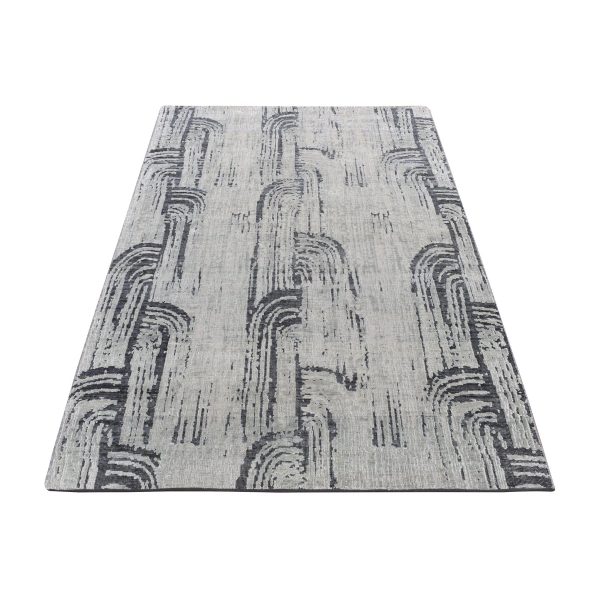 4'x6'3" Ash Gray, The Cane Design, Pure Silk With Textured Wool, Hand Knotted, Oriental Rug HR87218