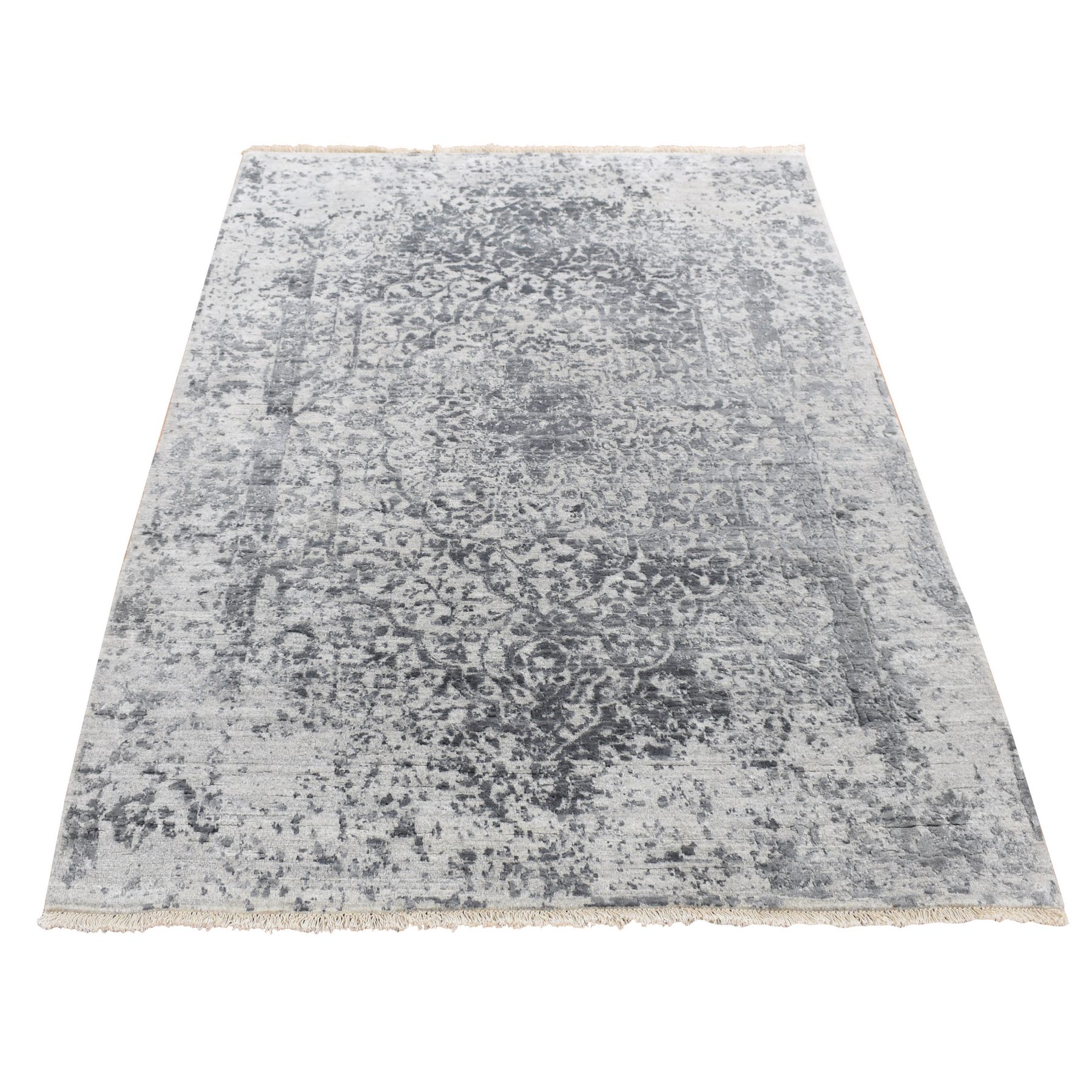 4'1"x6' Carbon Gray, Erased Persian Design, Wool and Pure Silk, Hand Knotted, Oriental Rug HR87222