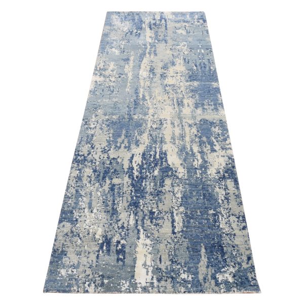 2'6"x8'3" Air Force Blue, Abstract Design, Wool and Pure Silk, Hand Knotted, Runner Oriental Rug HR87230