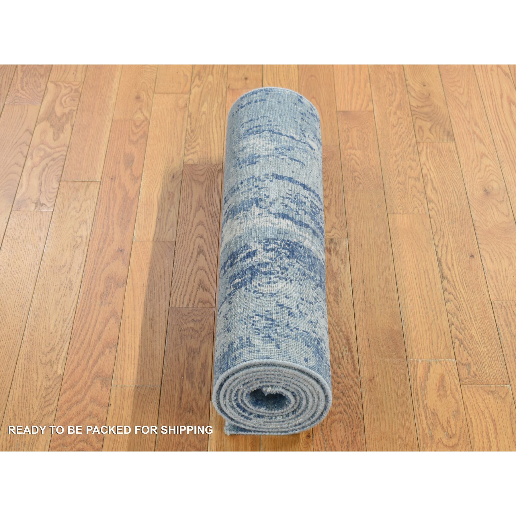 2'6"x8'3" Air Force Blue, Abstract Design, Wool and Pure Silk, Hand Knotted, Runner Oriental Rug HR87230 - Image 5