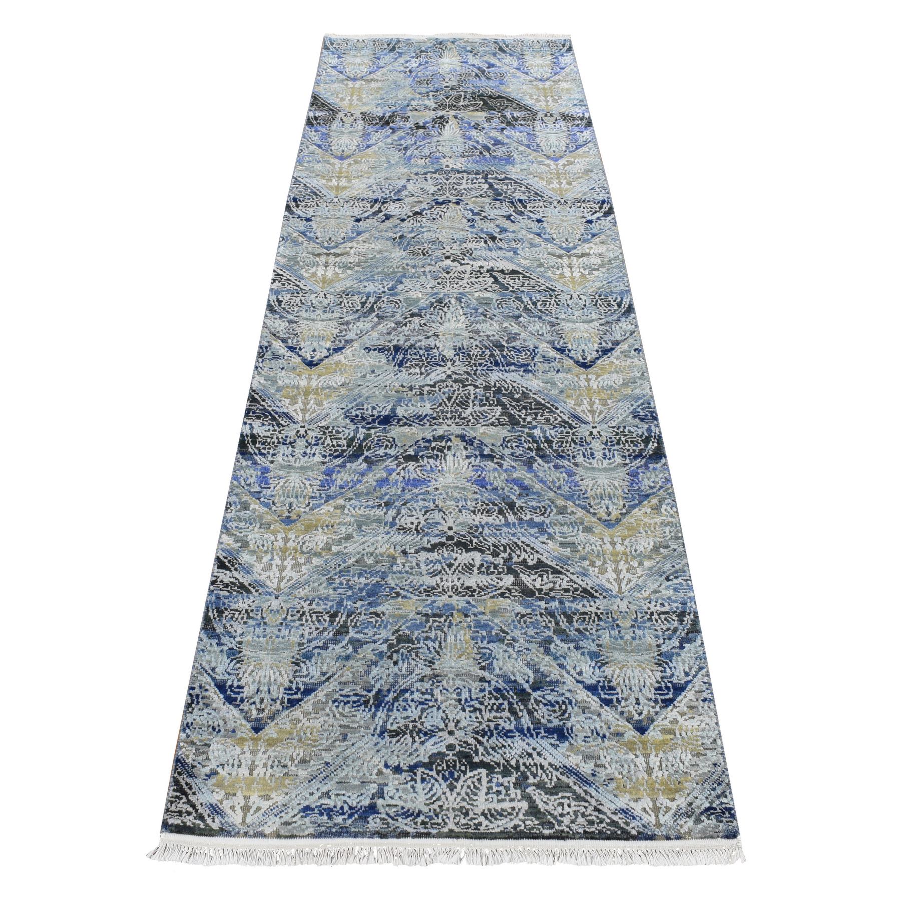 2'7"x8'3" Steel Blue, Broken and Erased Art and Crafts, Silk with Textured Wool, Hand Knotted, Runner Oriental Rug HR87238