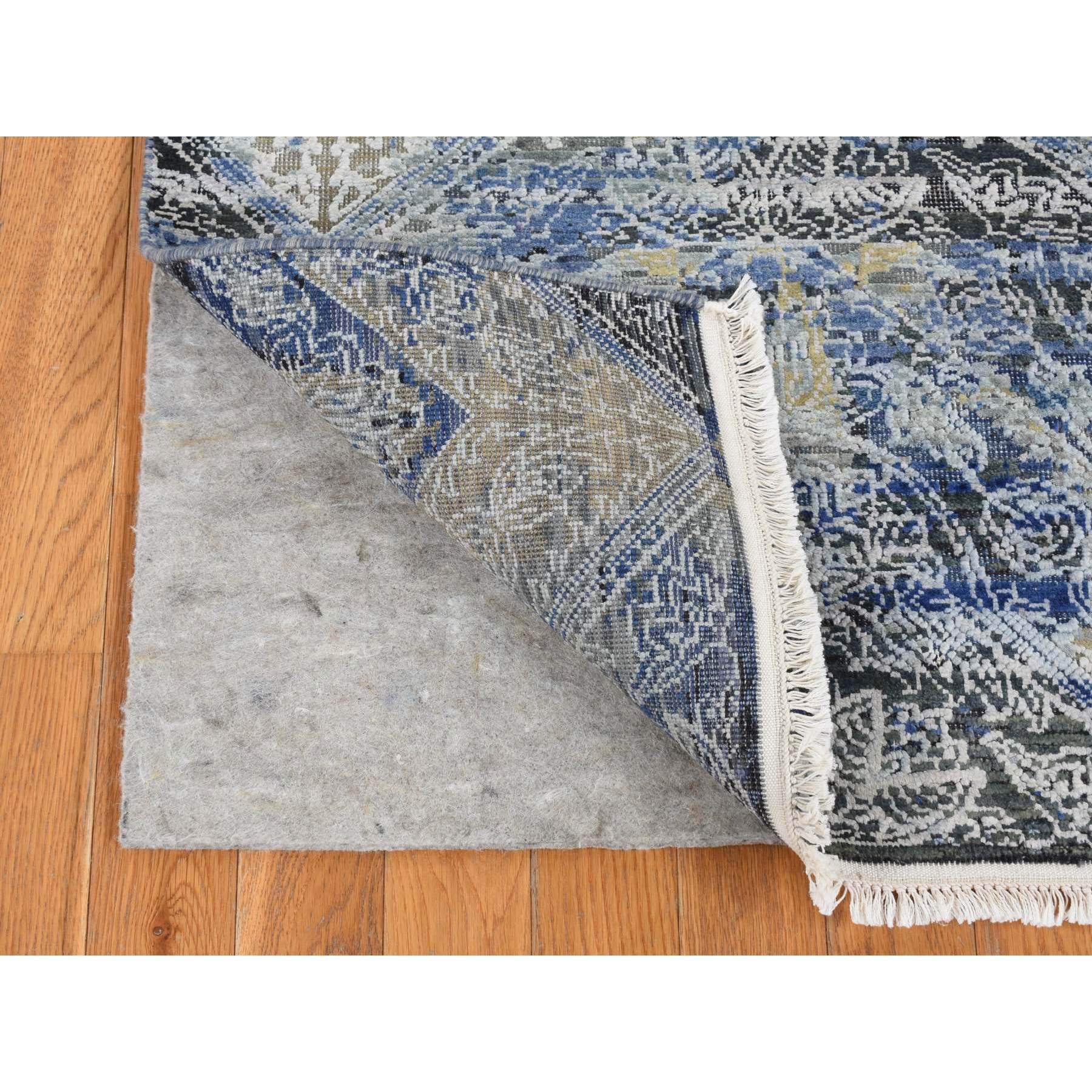 2'7"x8'3" Steel Blue, Broken and Erased Art and Crafts, Silk with Textured Wool, Hand Knotted, Runner Oriental Rug HR87238 - Image 2