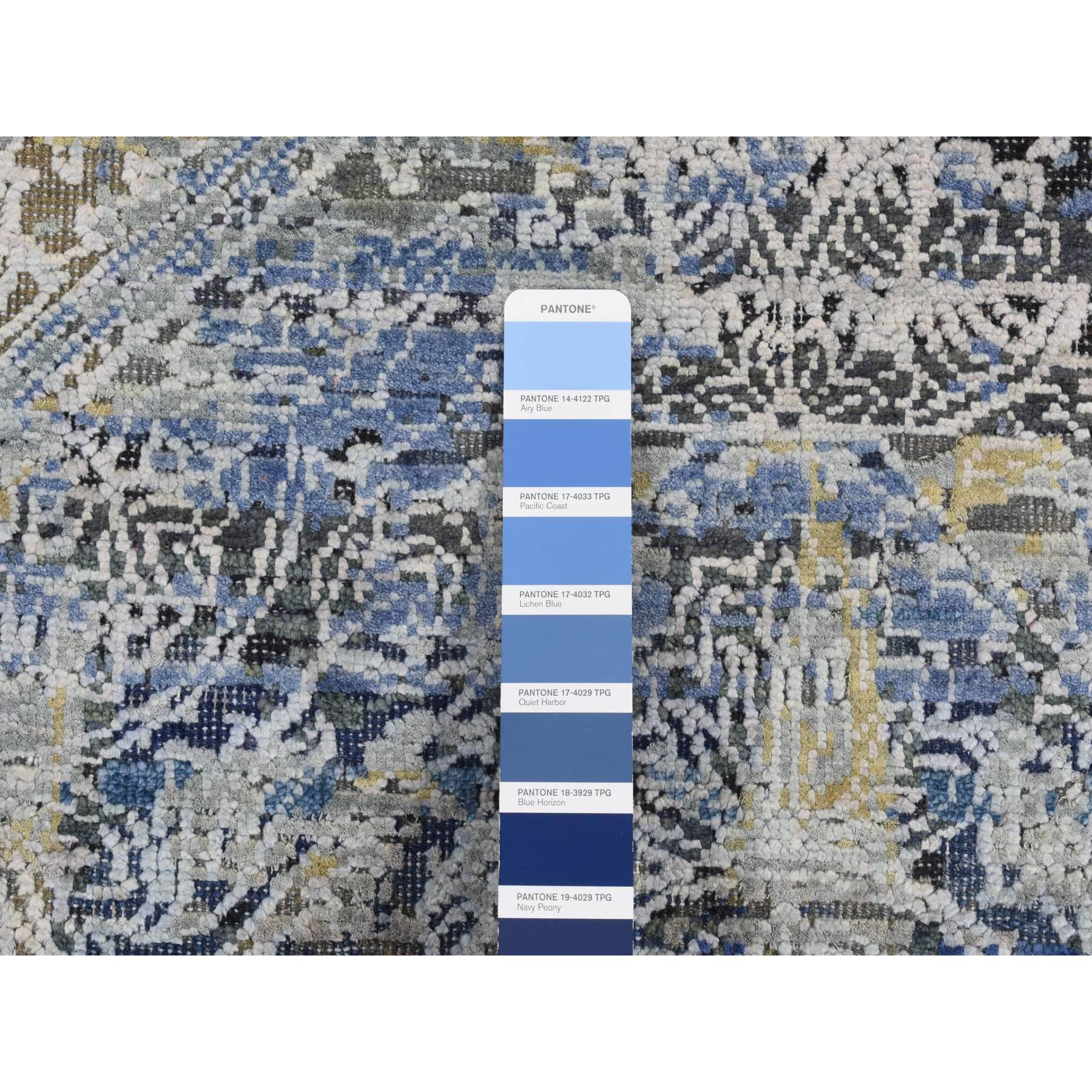 2'7"x8'3" Steel Blue, Broken and Erased Art and Crafts, Silk with Textured Wool, Hand Knotted, Runner Oriental Rug HR87238 - Image 3