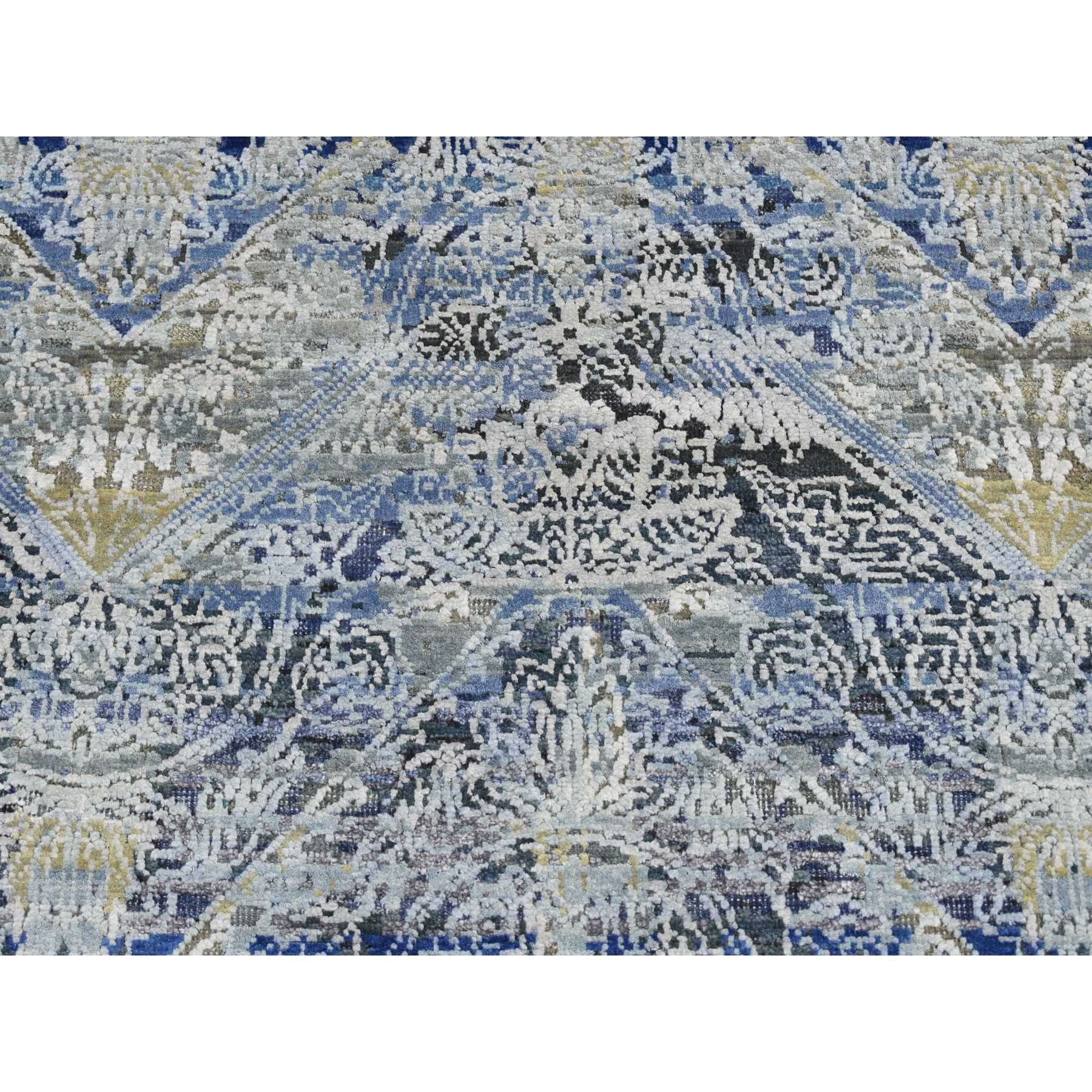 2'7"x8'3" Steel Blue, Broken and Erased Art and Crafts, Silk with Textured Wool, Hand Knotted, Runner Oriental Rug HR87238 - Image 4