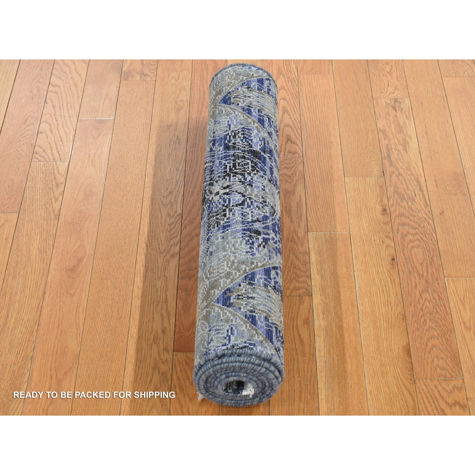 2'7"x8'3" Steel Blue, Broken and Erased Art and Crafts, Silk with Textured Wool, Hand Knotted, Runner Oriental Rug HR87238 - Image 5