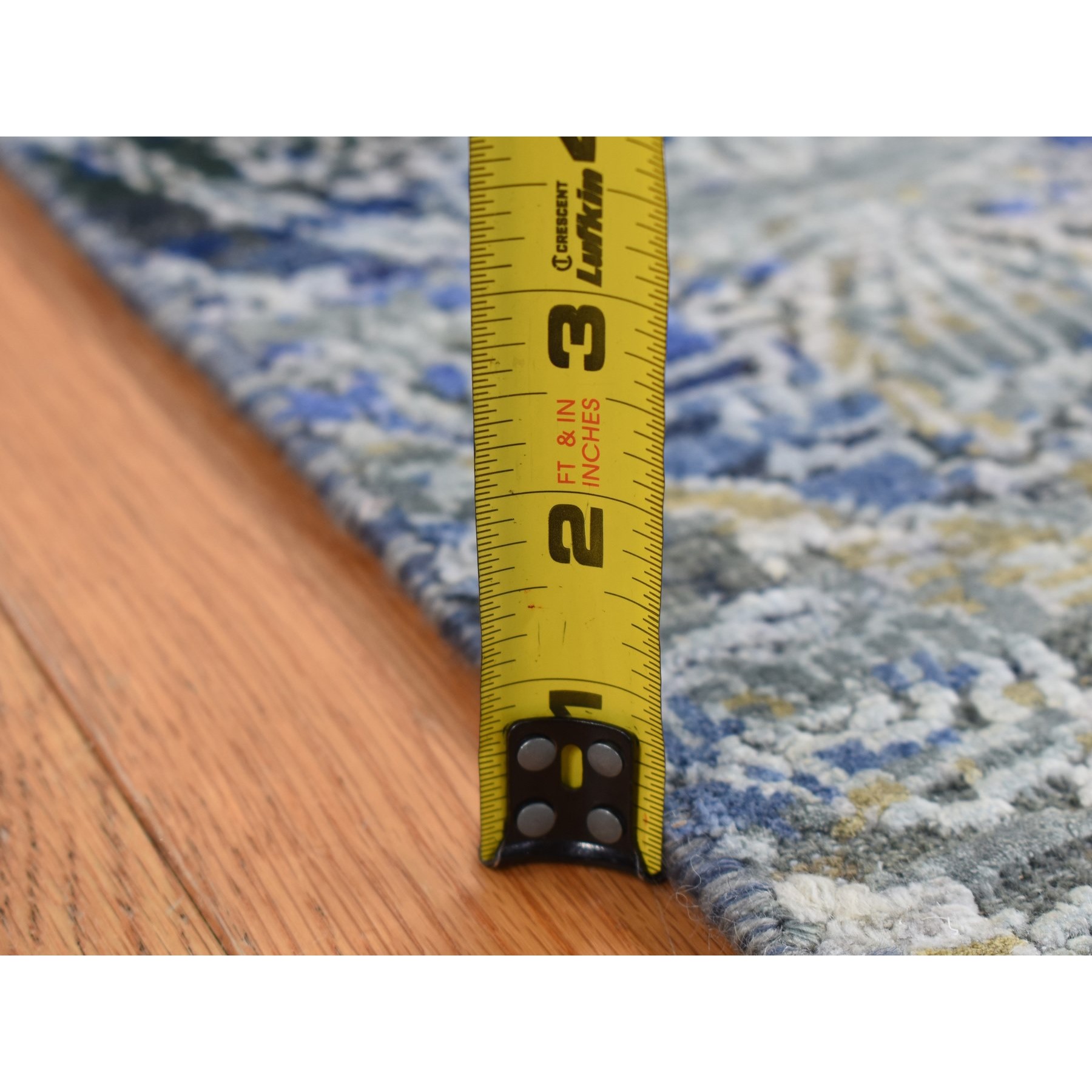 2'7"x8'3" Steel Blue, Broken and Erased Art and Crafts, Silk with Textured Wool, Hand Knotted, Runner Oriental Rug HR87238 - Image 6