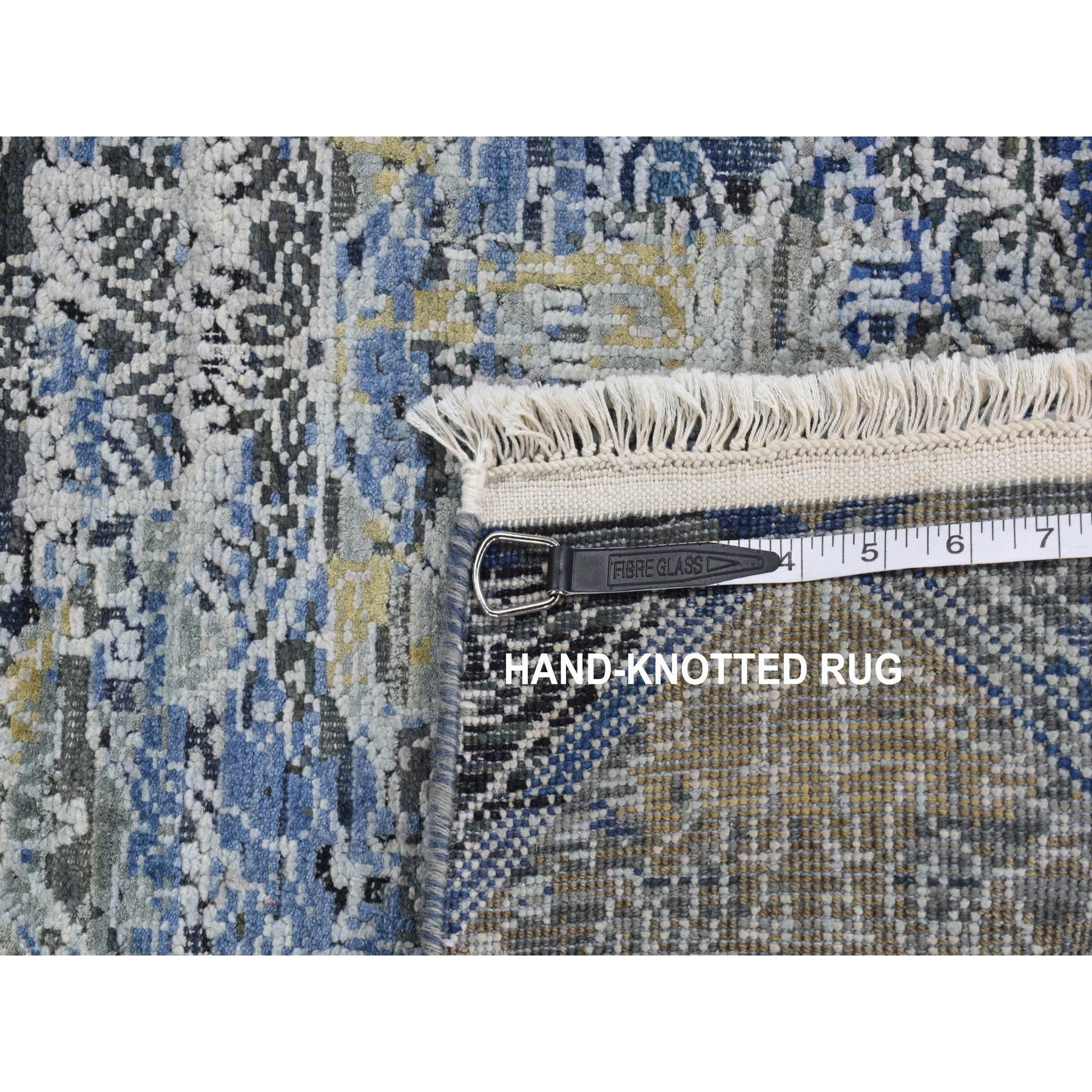 2'7"x8'3" Steel Blue, Broken and Erased Art and Crafts, Silk with Textured Wool, Hand Knotted, Runner Oriental Rug HR87238 - Image 7