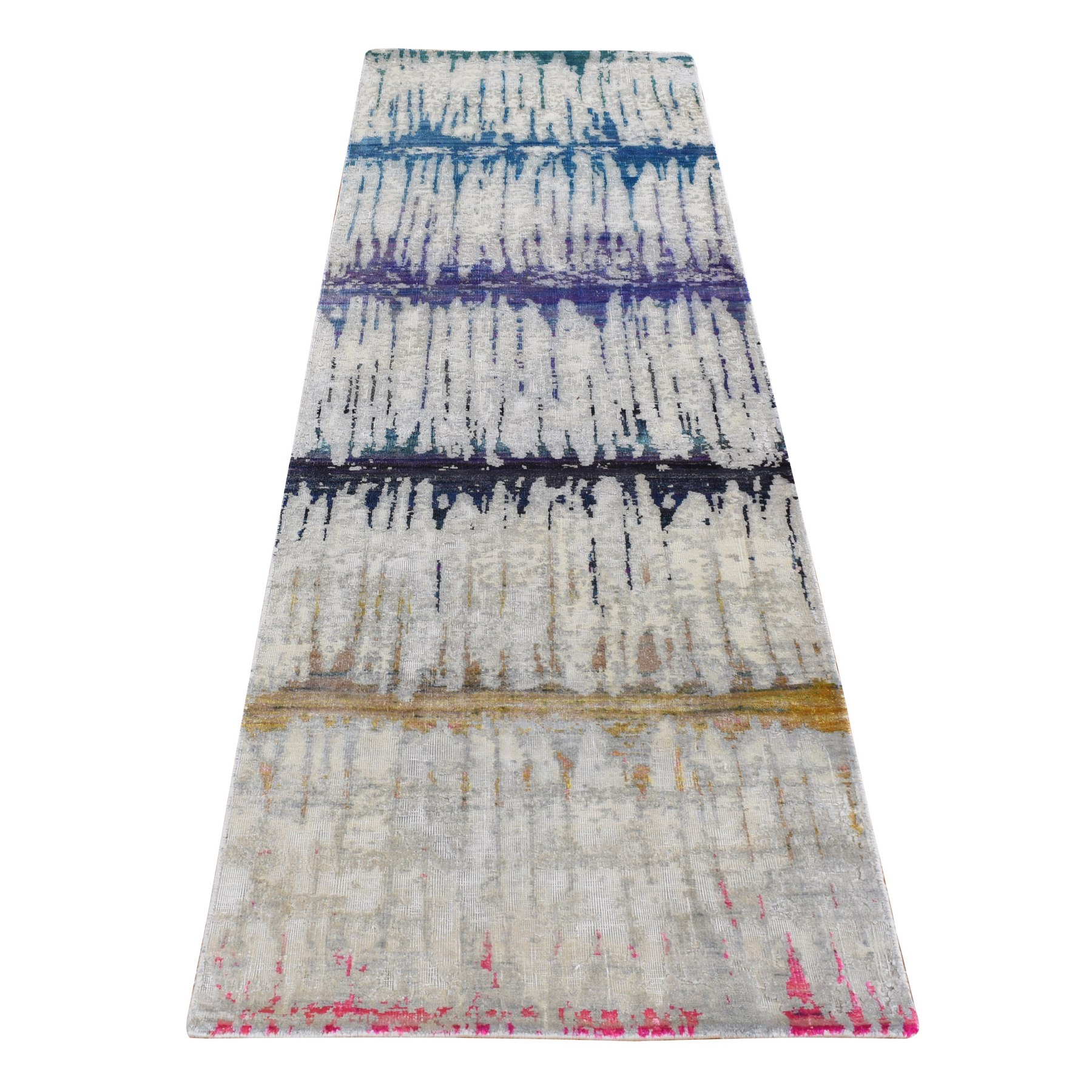 2'5"x8' Medium Gray, THE CARDIAC, Sari Silk with Textured Wool, Handmade, Runner Oriental Rug HR87248