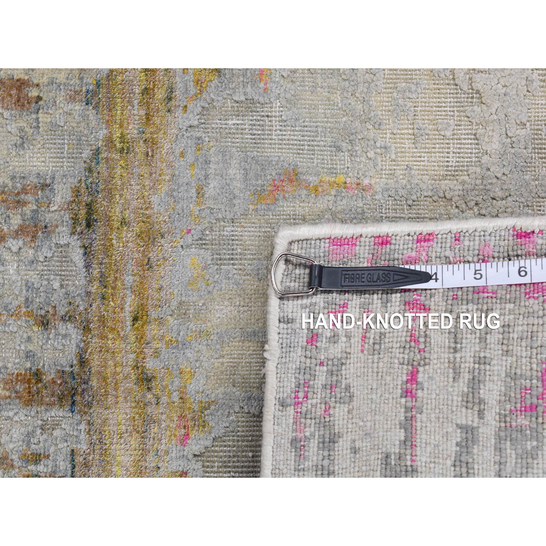 2'5"x8' Medium Gray, THE CARDIAC, Sari Silk with Textured Wool, Handmade, Runner Oriental Rug HR87248 - Image 7