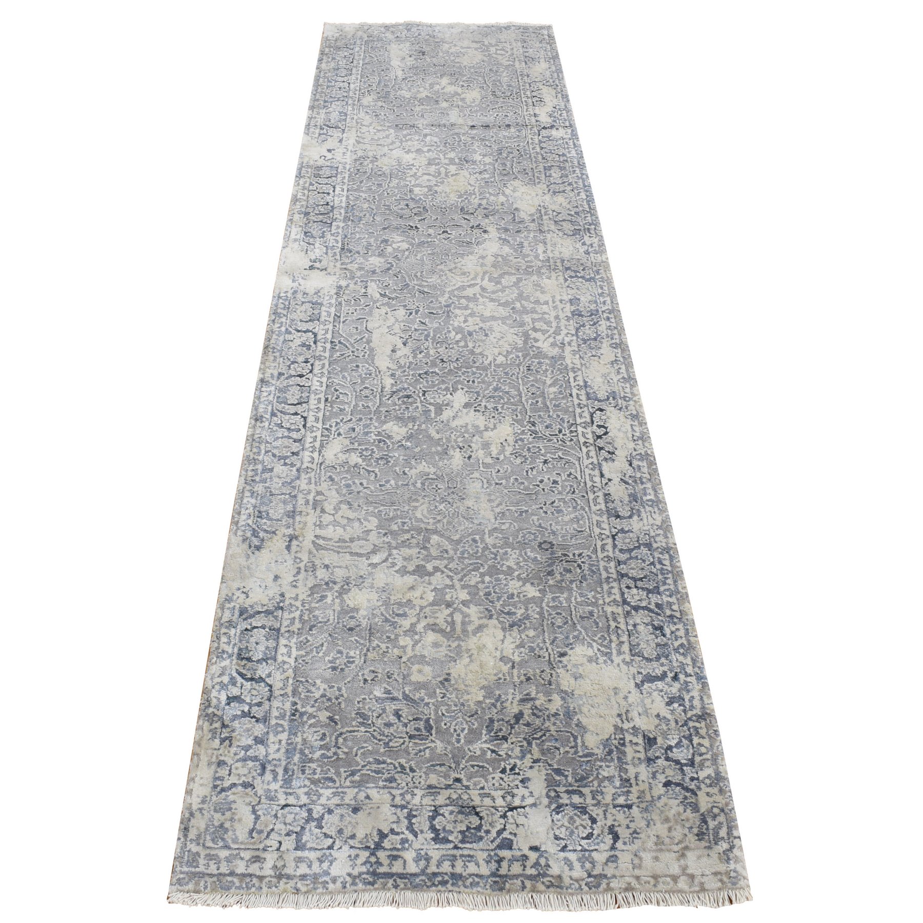 2'6"x9'10" Goose Gray, Broken and Erased Kashan Design, Textured Wool with Pure Silk, Hand Knotted, Runner Oriental Rug HR87254