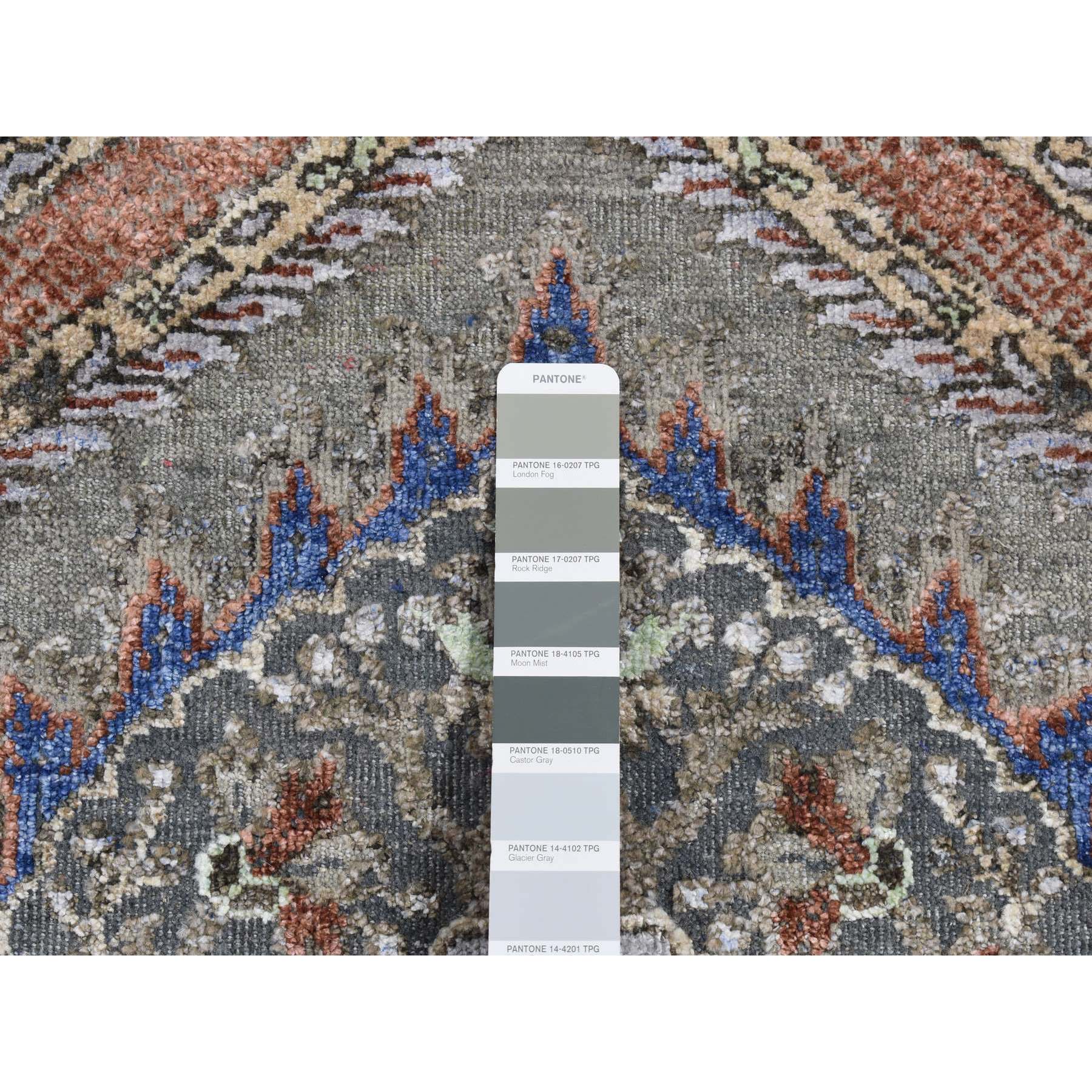 2'6"x10' Storm Gray, Mughal Inspired Flower Design, Pure Silk with Textured Wool, Hand Knotted, Runner Oriental Rug HR87256 - Image 3