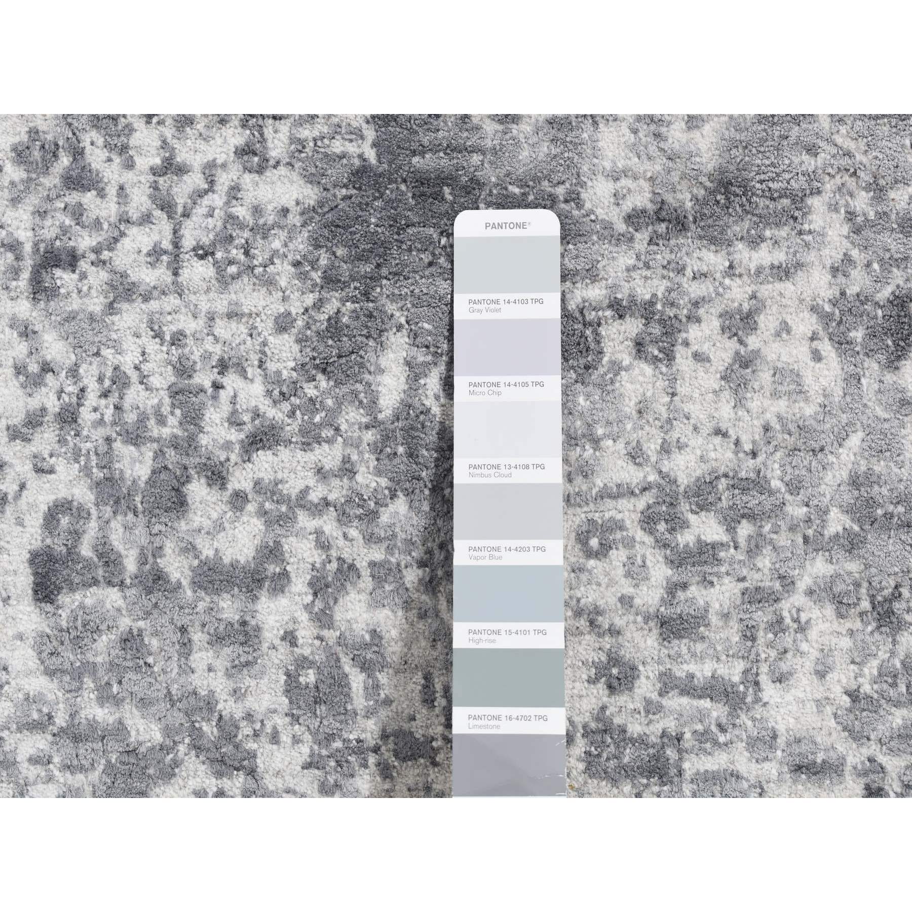 2'8"x10' Slate Gray, Broken and Erased Persian Design, Wool and Pure Real Silk, Hand Knotted, Runner Oriental Rug HR87269 - Image 3