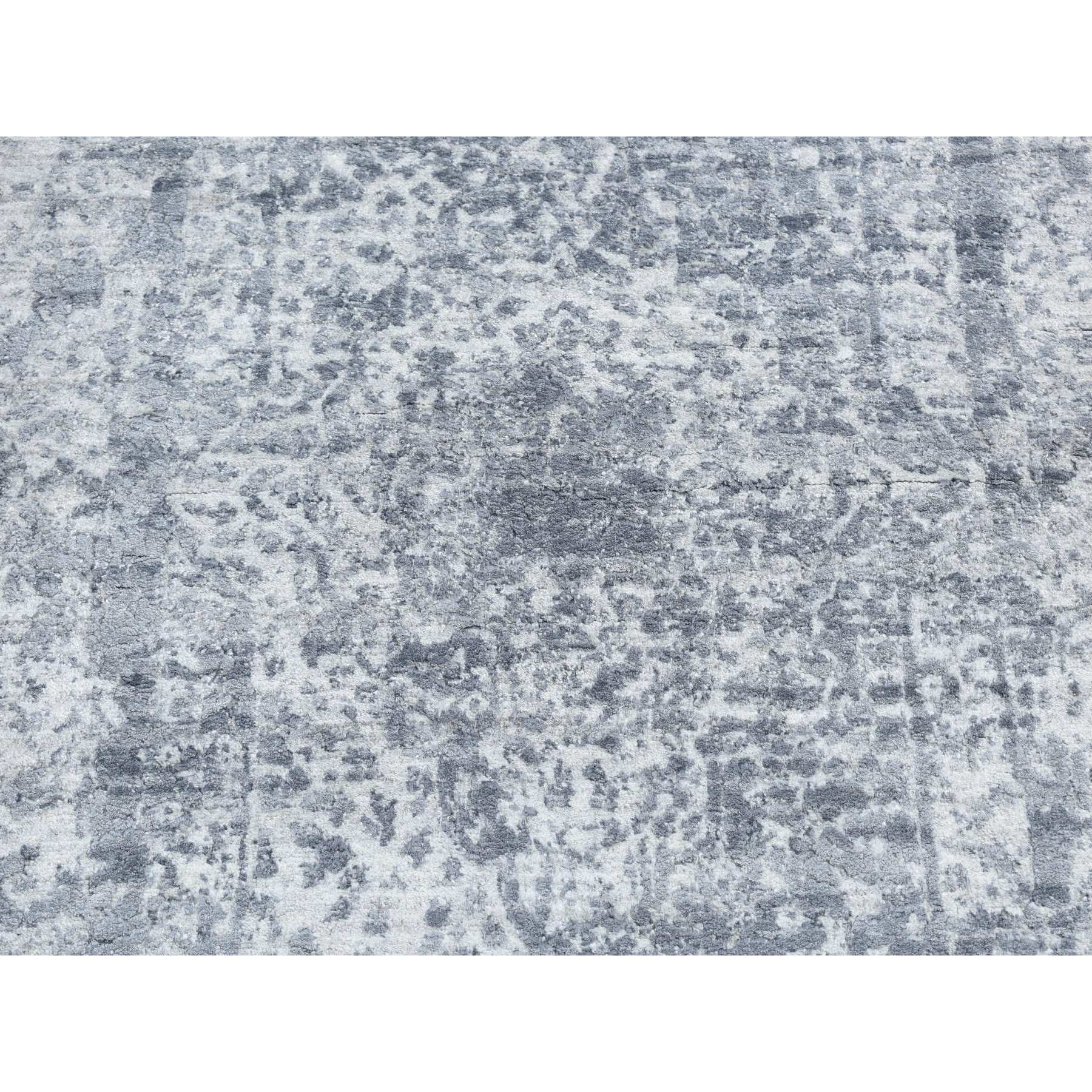 2'8"x10' Slate Gray, Broken and Erased Persian Design, Wool and Pure Real Silk, Hand Knotted, Runner Oriental Rug HR87269 - Image 4