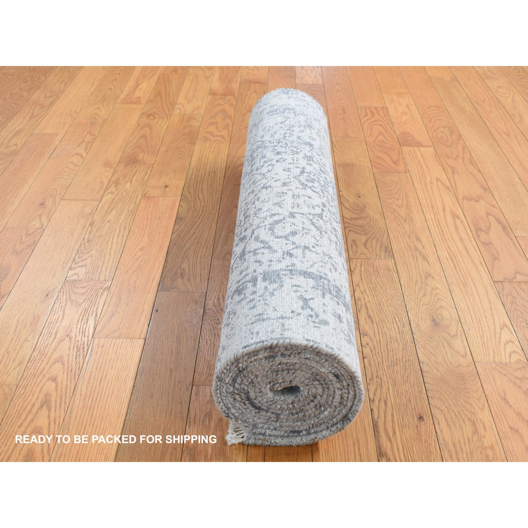 2'8"x10' Slate Gray, Broken and Erased Persian Design, Wool and Pure Real Silk, Hand Knotted, Runner Oriental Rug HR87269 - Image 5