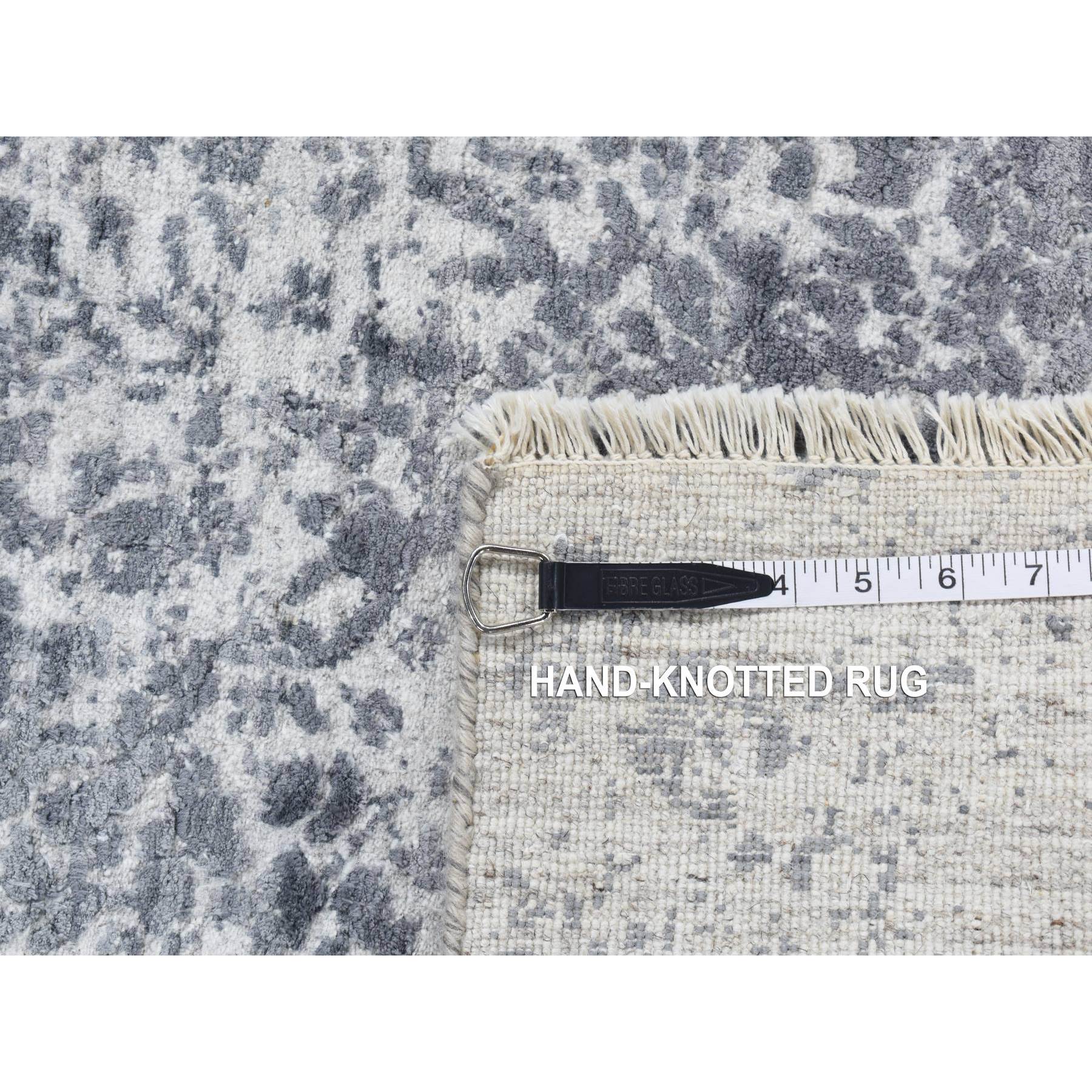 2'8"x10' Slate Gray, Broken and Erased Persian Design, Wool and Pure Real Silk, Hand Knotted, Runner Oriental Rug HR87269 - Image 7