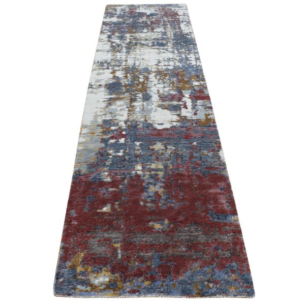 2'6"x10' Thunder Gray, Modern Abstract Design, Wool and Silk, Hi-Low Pile, Hand Knotted, Runner Oriental Rug HR87277