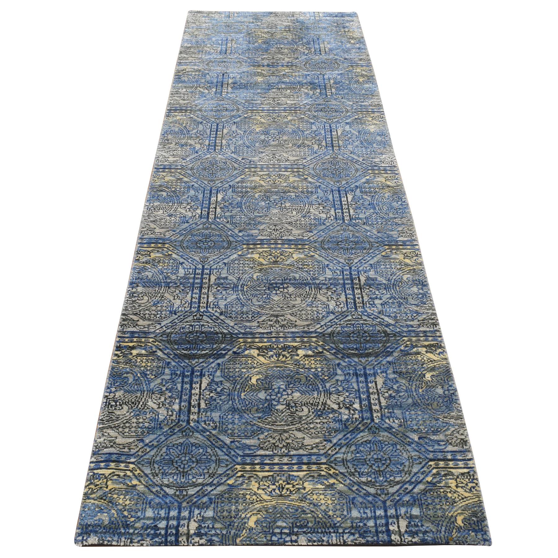 2'8"x9'1" Sapphire Blue, Repetitive Rosette Design, Silk With Textured Wool, Hand Knotted, Runner Oriental Rug HR87279