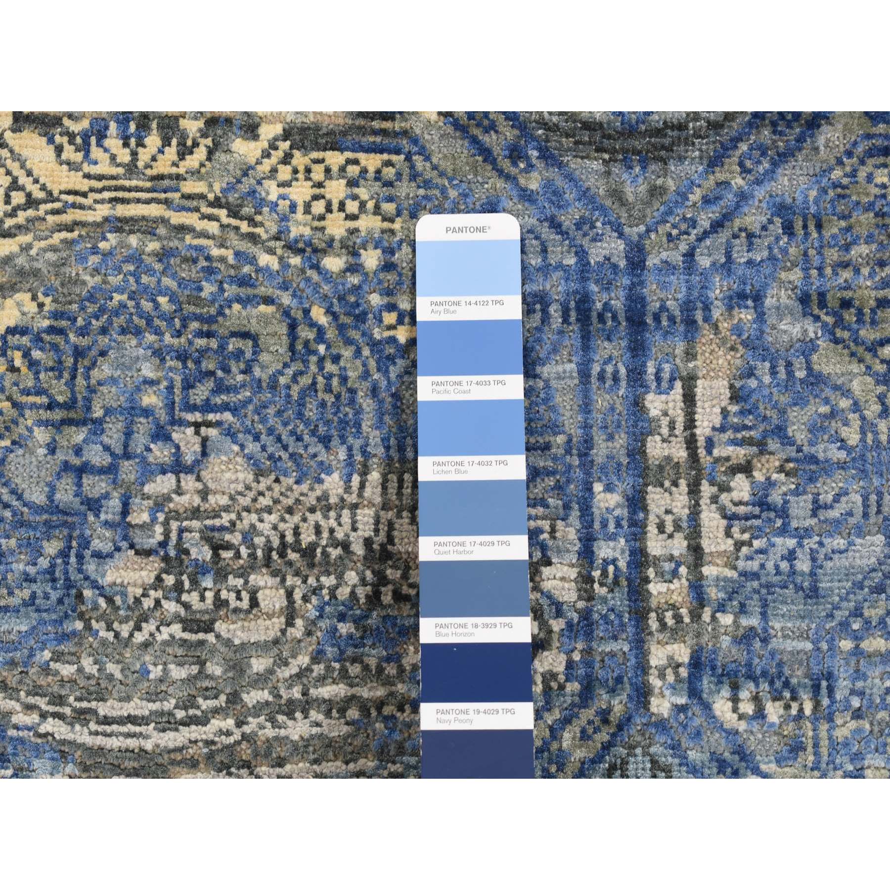 2'8"x9'1" Sapphire Blue, Repetitive Rosette Design, Silk With Textured Wool, Hand Knotted, Runner Oriental Rug HR87279 - Image 3