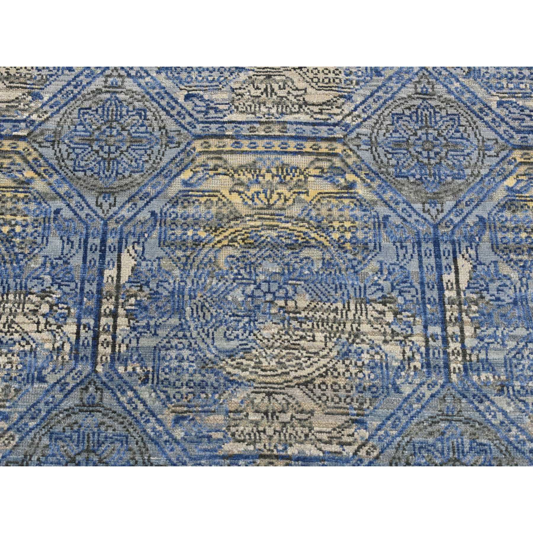 2'8"x9'1" Sapphire Blue, Repetitive Rosette Design, Silk With Textured Wool, Hand Knotted, Runner Oriental Rug HR87279 - Image 4