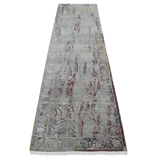 2'6"x9'10" Battleship Gray, Broken and Erased Tulip Design, Silk with Textured Wool, Hand Knotted, Runner Oriental Rug HR87283