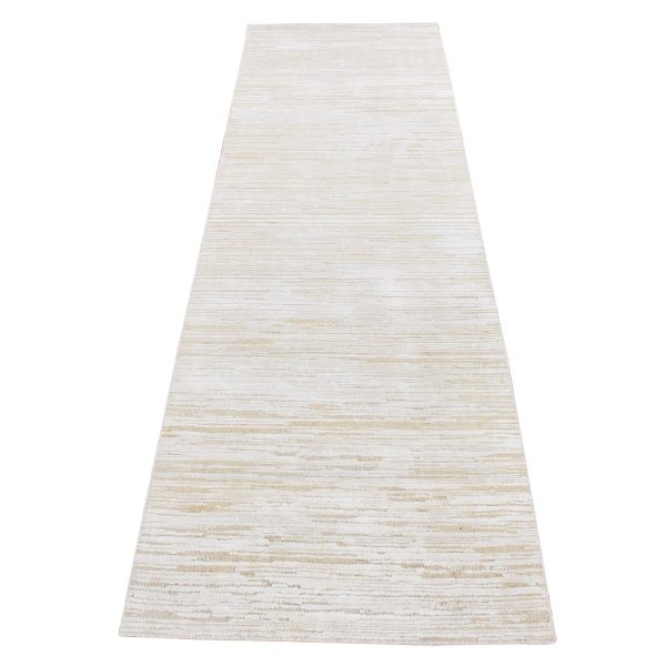2'5"x8'3" Ivory, Silk with Textured Wool, Tone on Tone, Striae Design, Hi-Lo Pile, Hand Knotted, Runner Oriental Rug HR87293