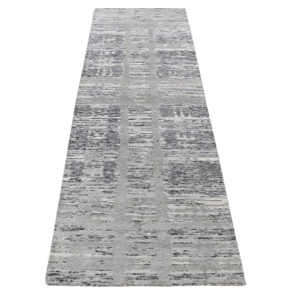 2'6"x12' Medium Gray, Hand Spun Undyed Natural Wool, Modern Design, Hand Knotted, Runner Oriental Rug HR87300