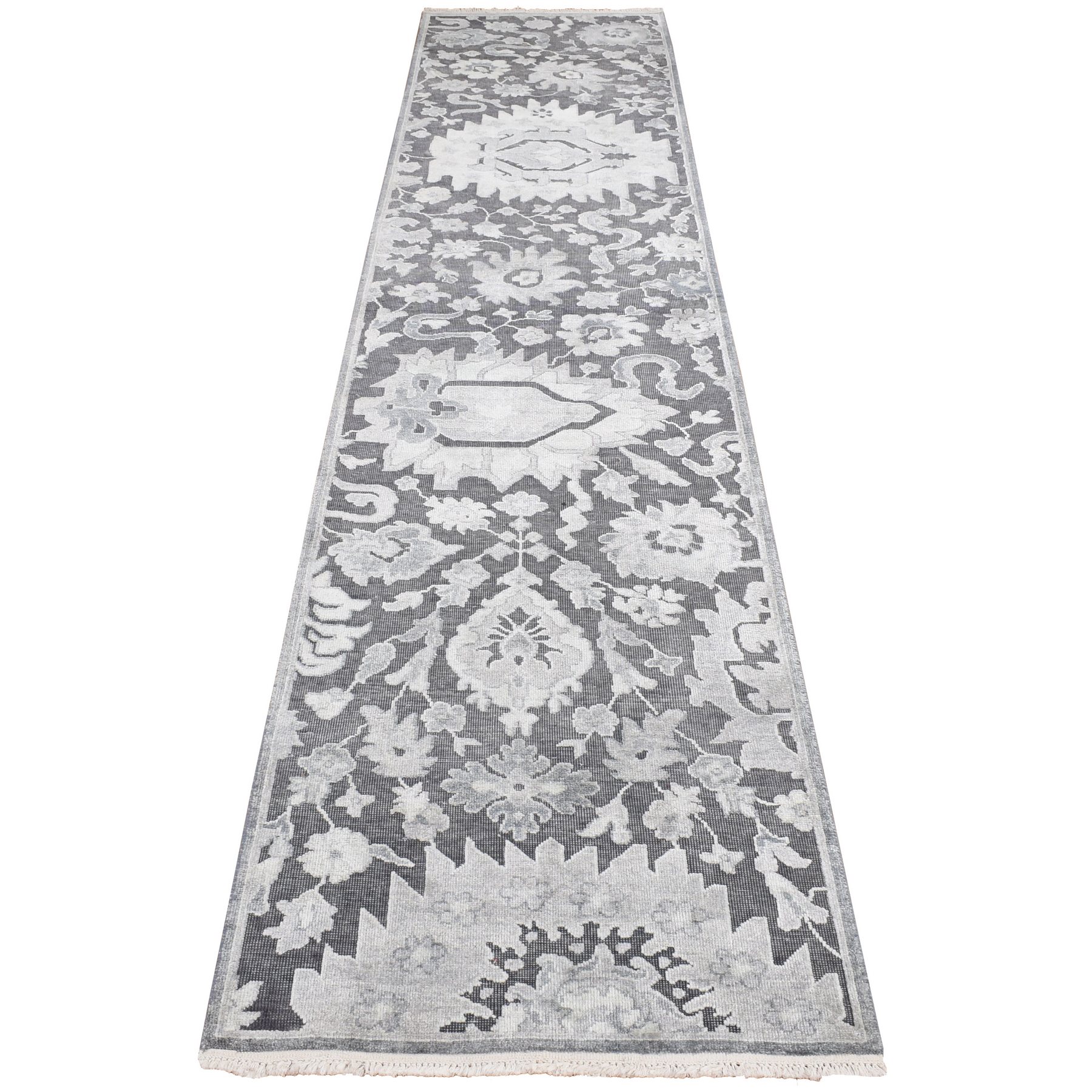 2'6"x11'10" Nevada Gray, Hand Knotted, Oushak Influence, Silk with Textured Wool, Runner Oriental Rug HR87307