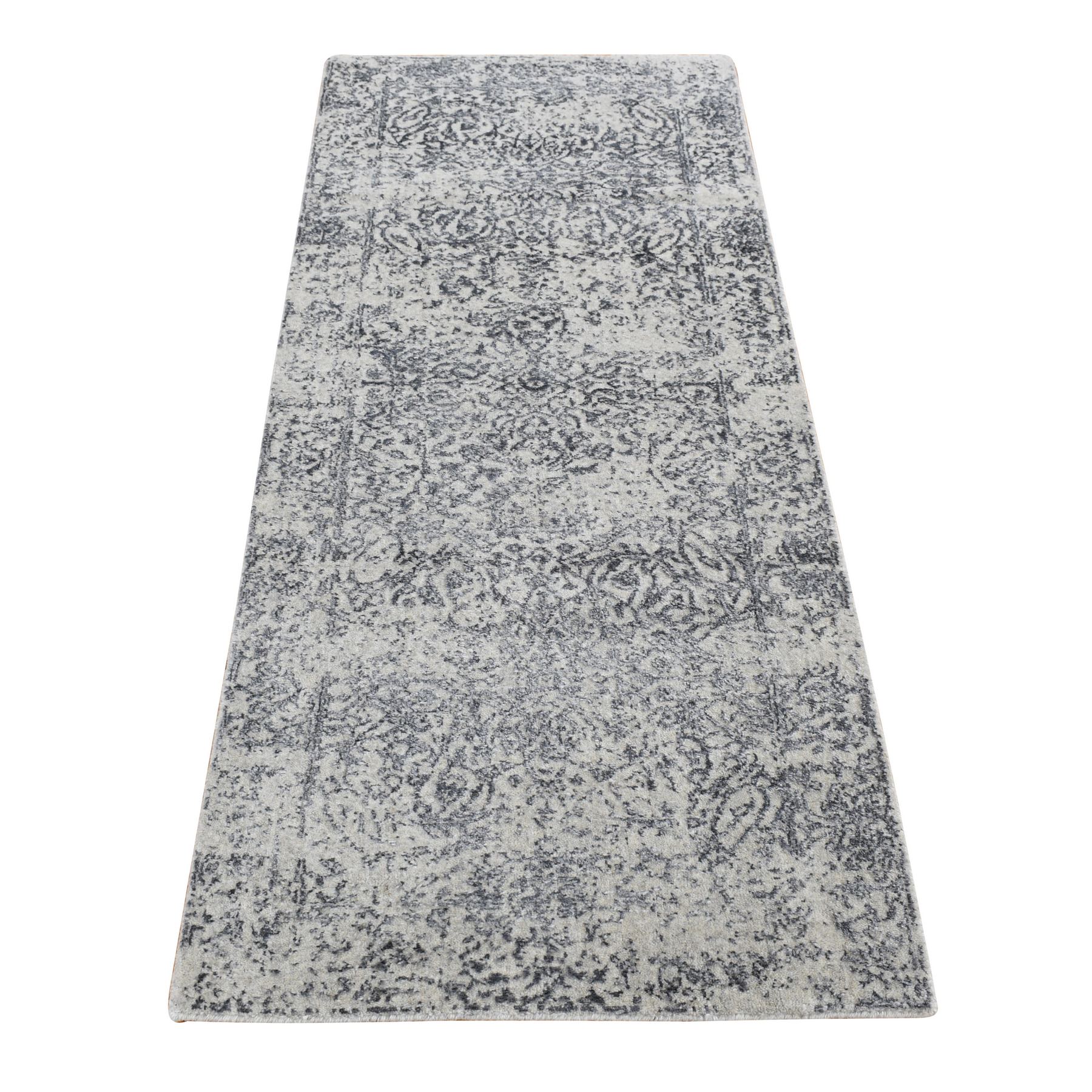 2'5"x6'1" Agreeable Gray, Fine Jacquard Hand Loomed, Erased Design, Wool and Art Silk, Runner Oriental Rug HR87328