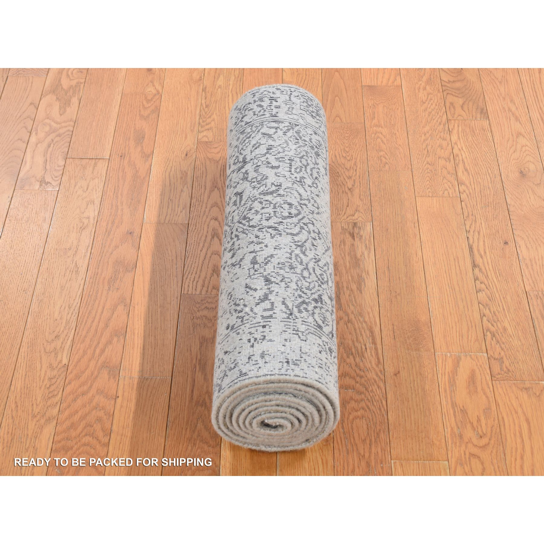 2'5"x6'1" Agreeable Gray, Fine Jacquard Hand Loomed, Erased Design, Wool and Art Silk, Runner Oriental Rug HR87328 - Image 5