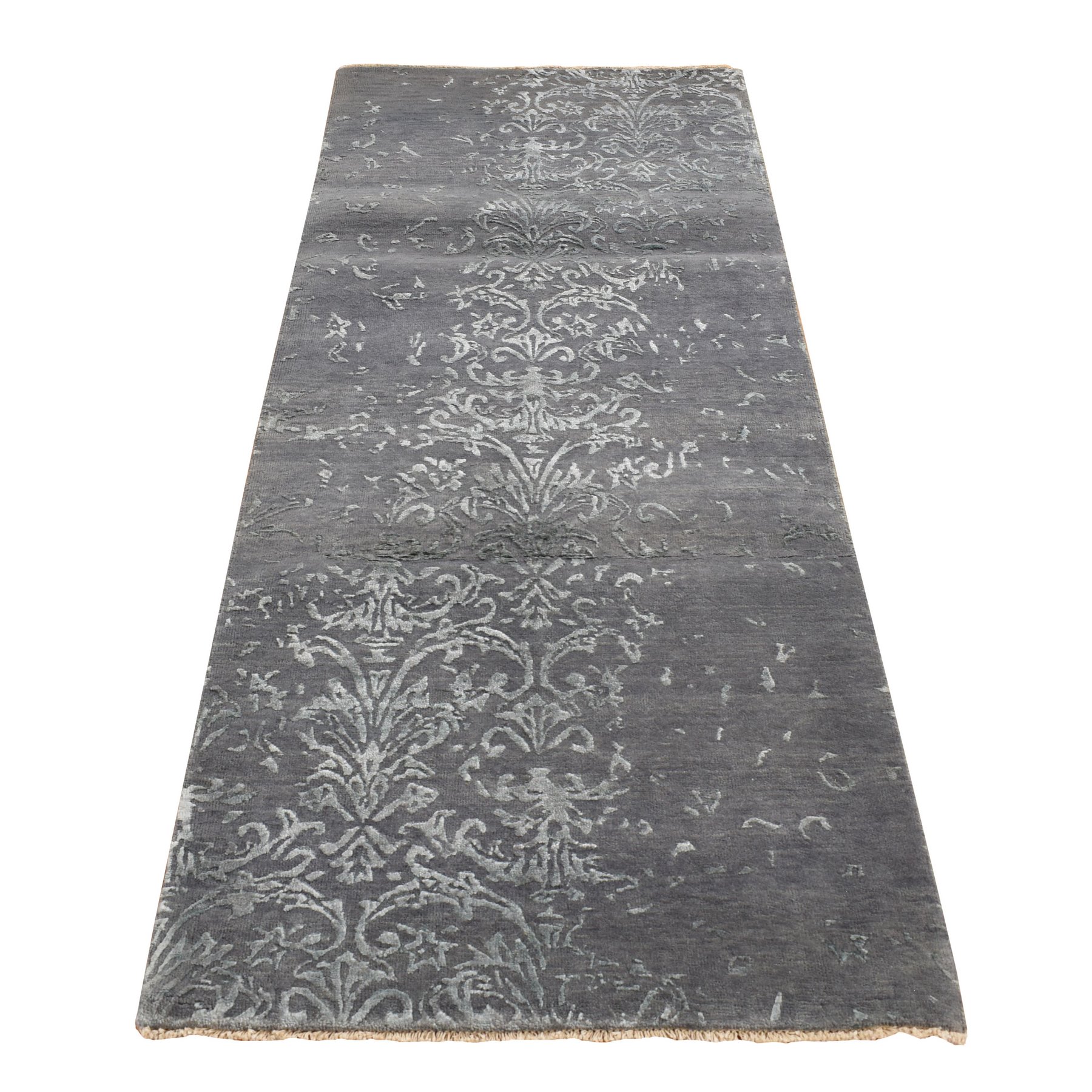 2'9"x6'9" Arsenic Gray, Broken and Erased Abarasque Design, Wool and Silk, Tone on Tone, Handmade, Runner Oriental Rug HR87330