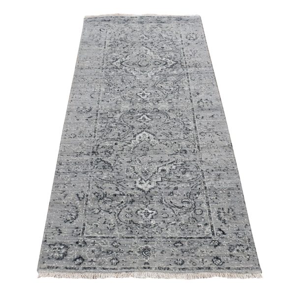 2'6"x6' Nickel Gray, Broken and Erased with Textured Wool Persian Design, Hand Knotted, Runner Oriental Rug HR87331