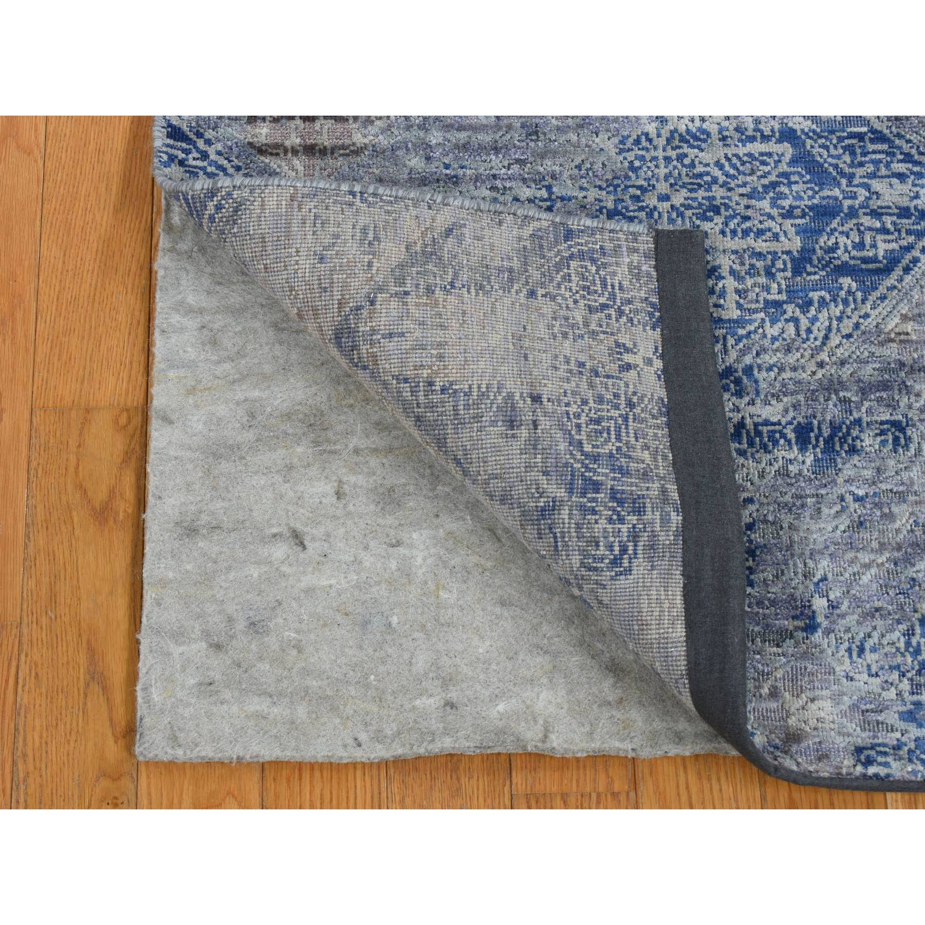 2'6"x6' Yale Blue, Silk with Textured Wool, Broken and Erased Rosette Design, Hand Knotted, Runner Oriental Rug HR87337 - Image 2