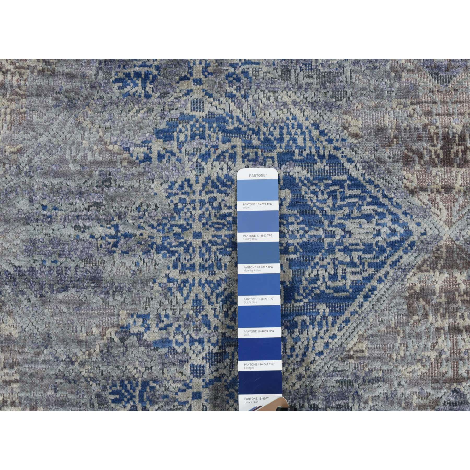 2'6"x6' Yale Blue, Silk with Textured Wool, Broken and Erased Rosette Design, Hand Knotted, Runner Oriental Rug HR87337 - Image 4