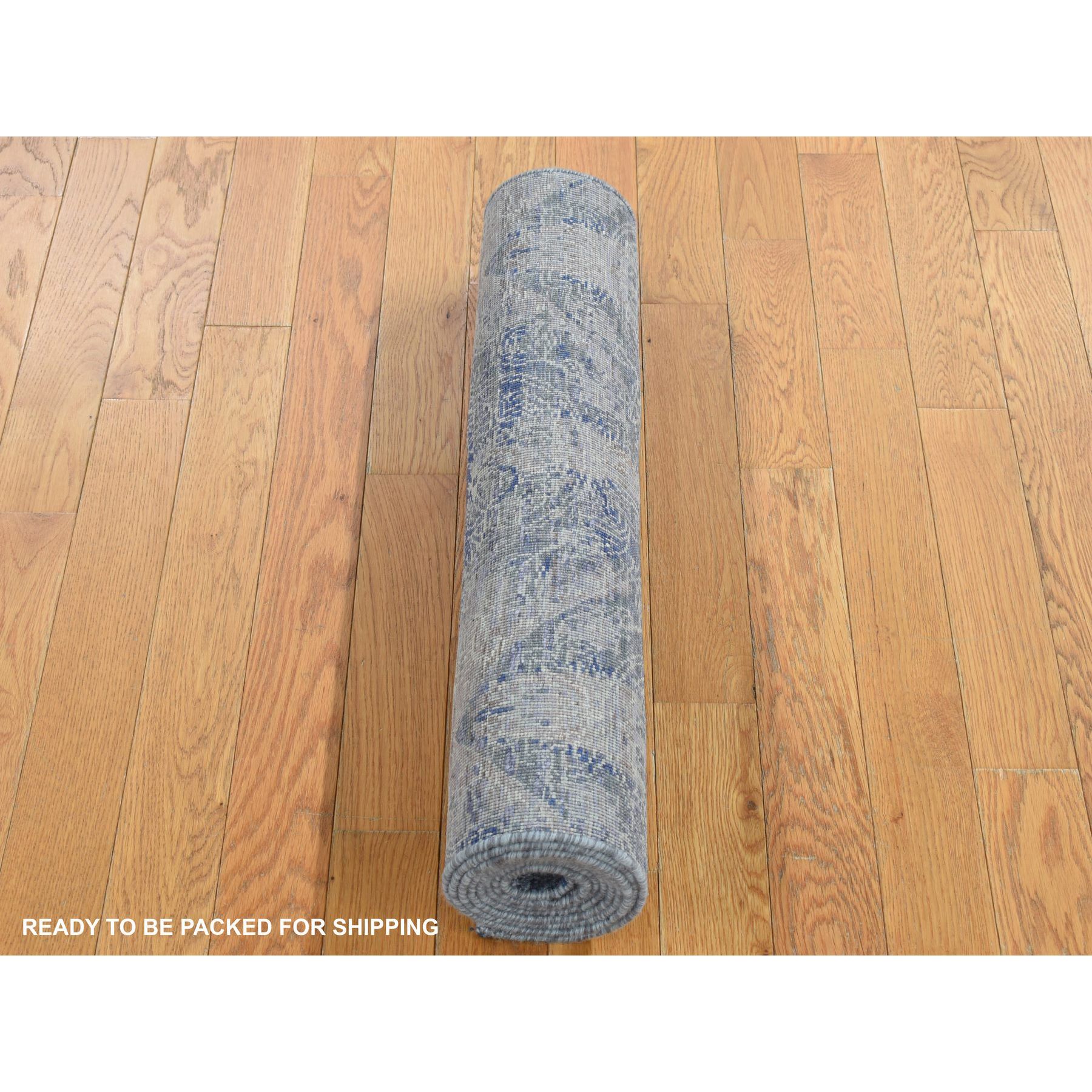 2'6"x6' Yale Blue, Silk with Textured Wool, Broken and Erased Rosette Design, Hand Knotted, Runner Oriental Rug HR87337 - Image 5