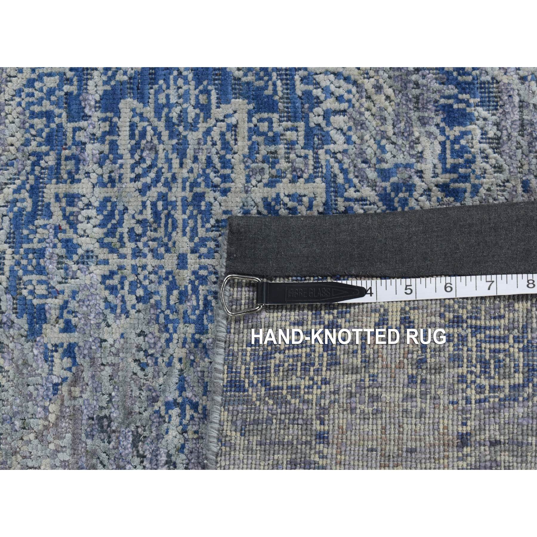 2'6"x6' Yale Blue, Silk with Textured Wool, Broken and Erased Rosette Design, Hand Knotted, Runner Oriental Rug HR87337 - Image 7