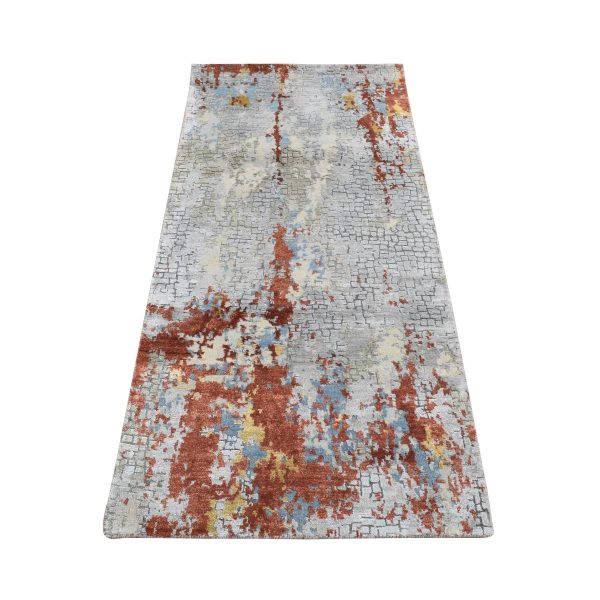 2'6"x5'10" Goose Gray, Wool and Silk, Abstract with Fire Mosaic Design, Hand Knotted, Runner Oriental Rug HR87351