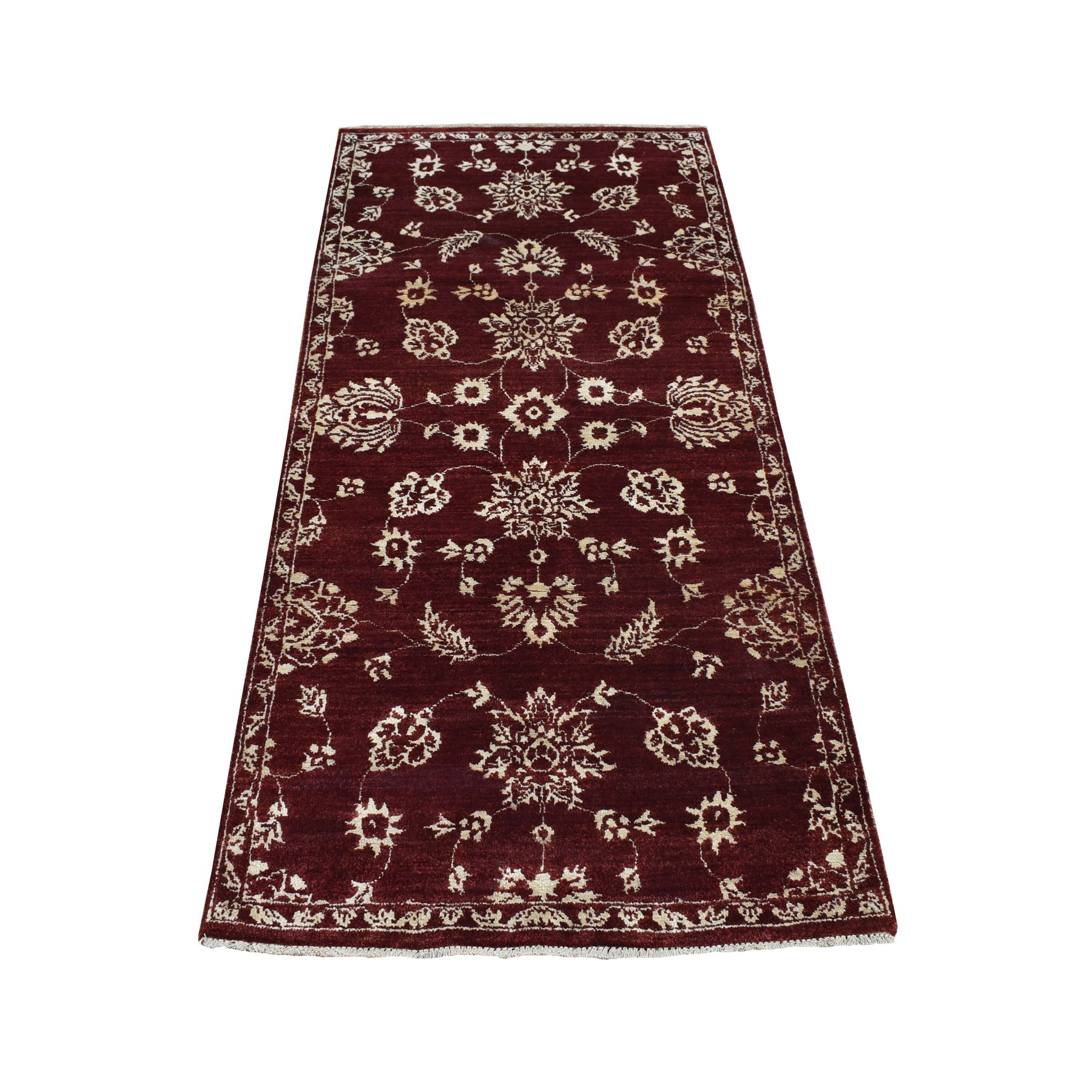 2'8"x6' Sangria Red, Pure Wool, Tone on Tone, Abarasque Design Agra, Hand Knotted, Runner Oriental Rug HR87354