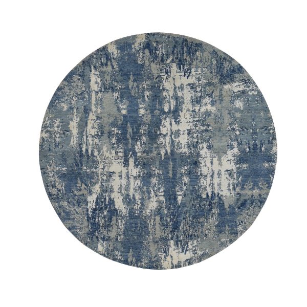8'1"x8'1" Prussian Blue, Oceanic Abstract Design, Wool and Pure Silk, Hand Knotted, Round Oriental Rug HR87356