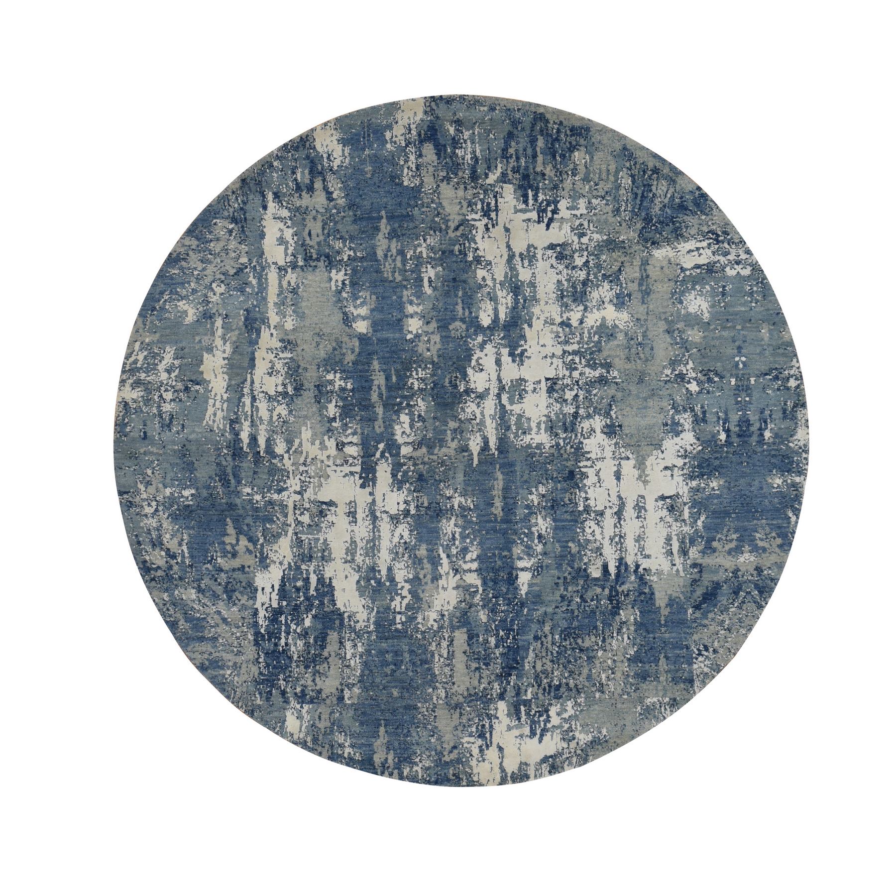 8'1"x8'1" Prussian Blue, Oceanic Abstract Design, Wool and Pure Silk, Hand Knotted, Round Oriental Rug HR87356